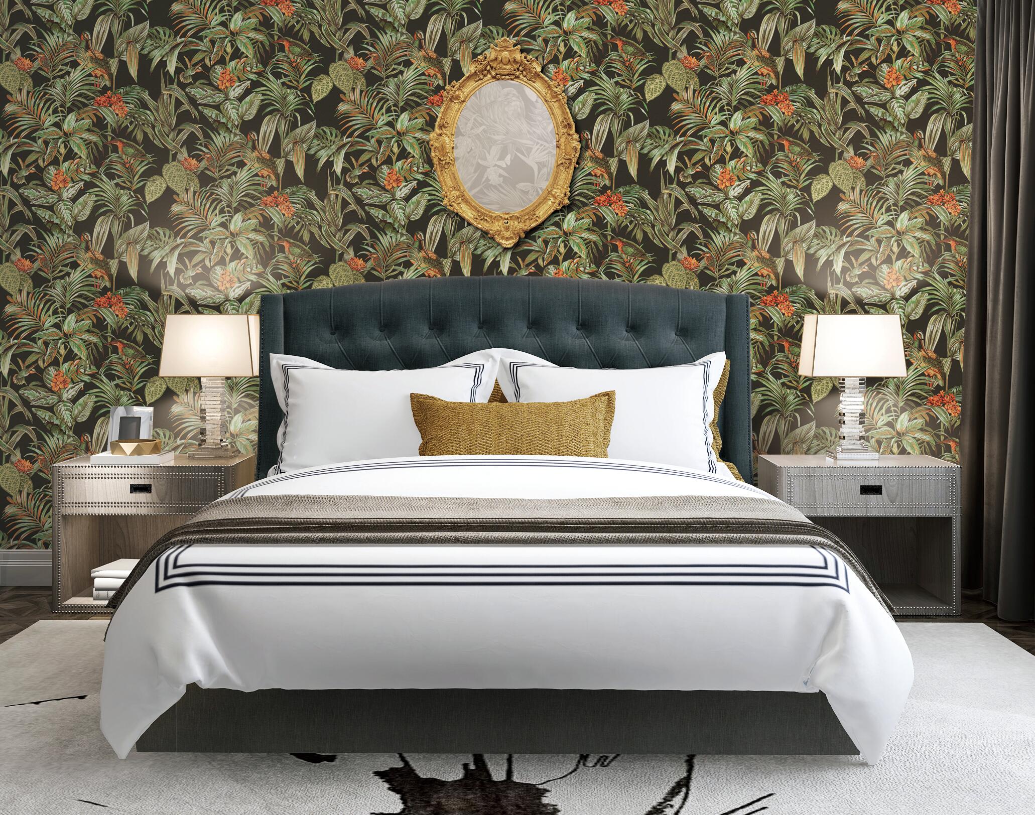 Papel pintado naturaleza hojas y pájaros 120015 negro did 53cmx10m