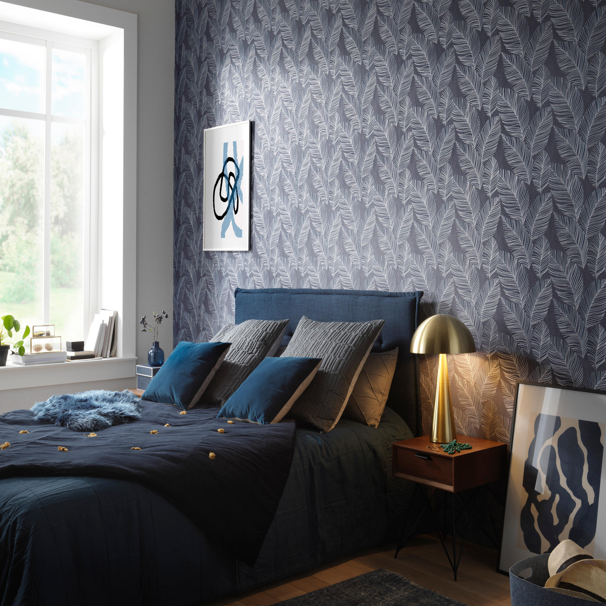 Papel pintado vinilo aplicación cola en pared plumas 8268 azul erismann 53cmx10m lavable