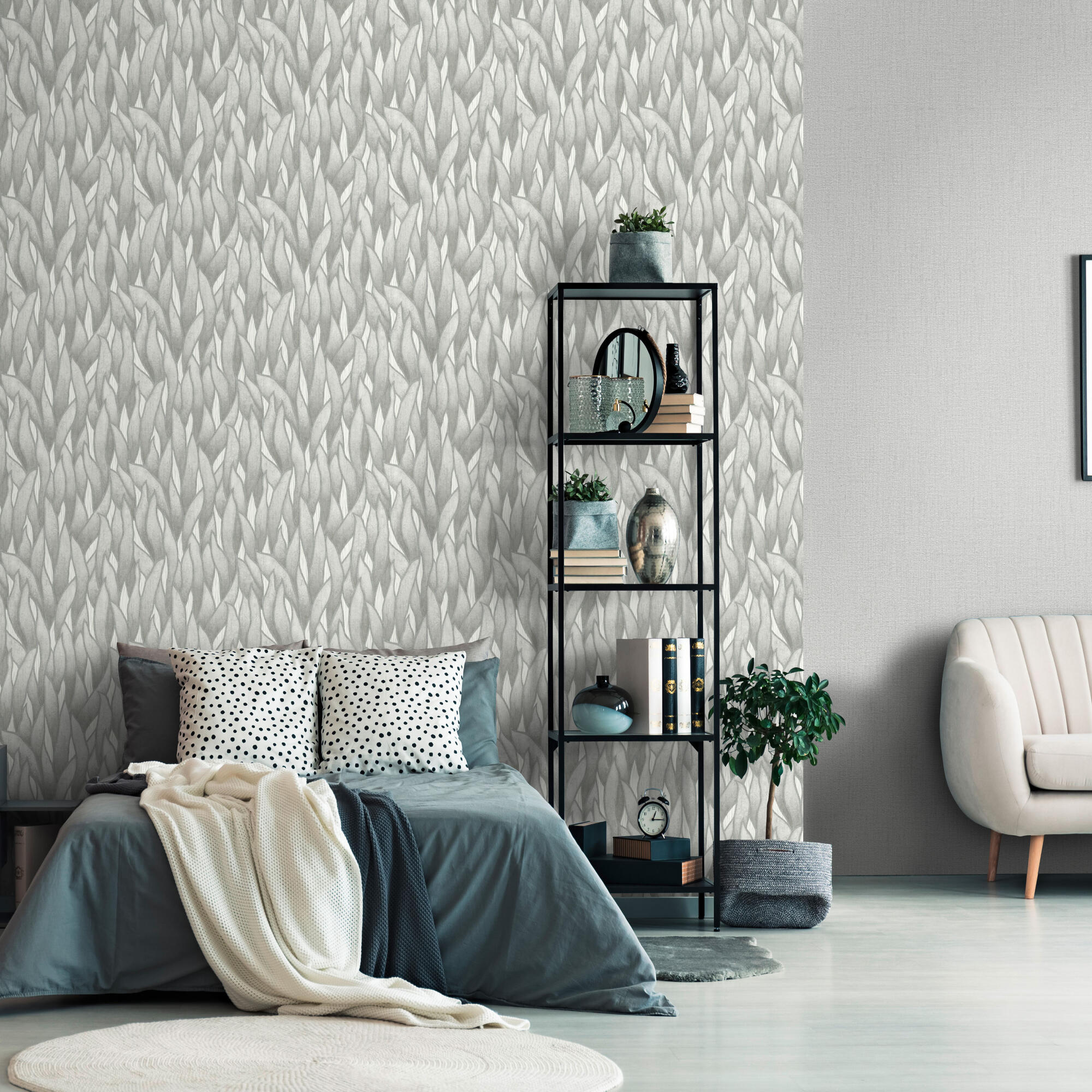 Papel pintado vinilo naturaleza hojas 8421 gris