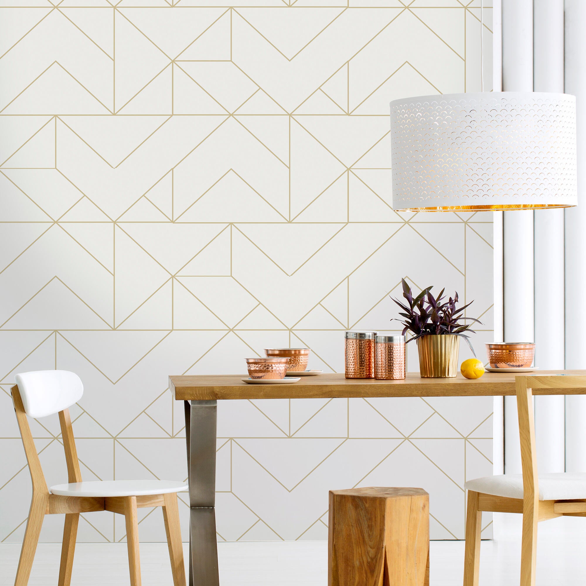 Papel pintado aspecto texturizado geométrico Gold blanco - 7