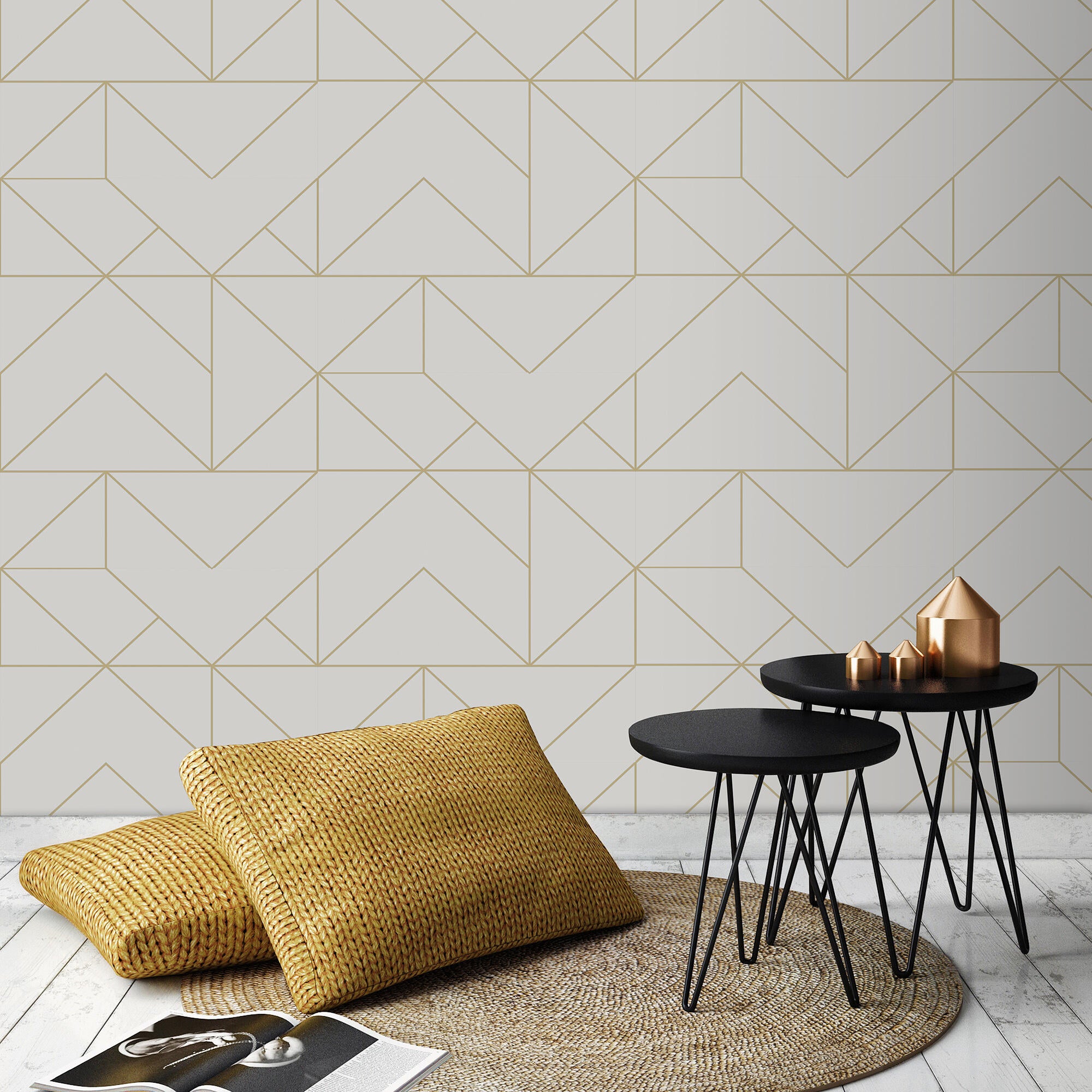 Papel pintado aspecto texturizado geométrico Gold blanco - 6