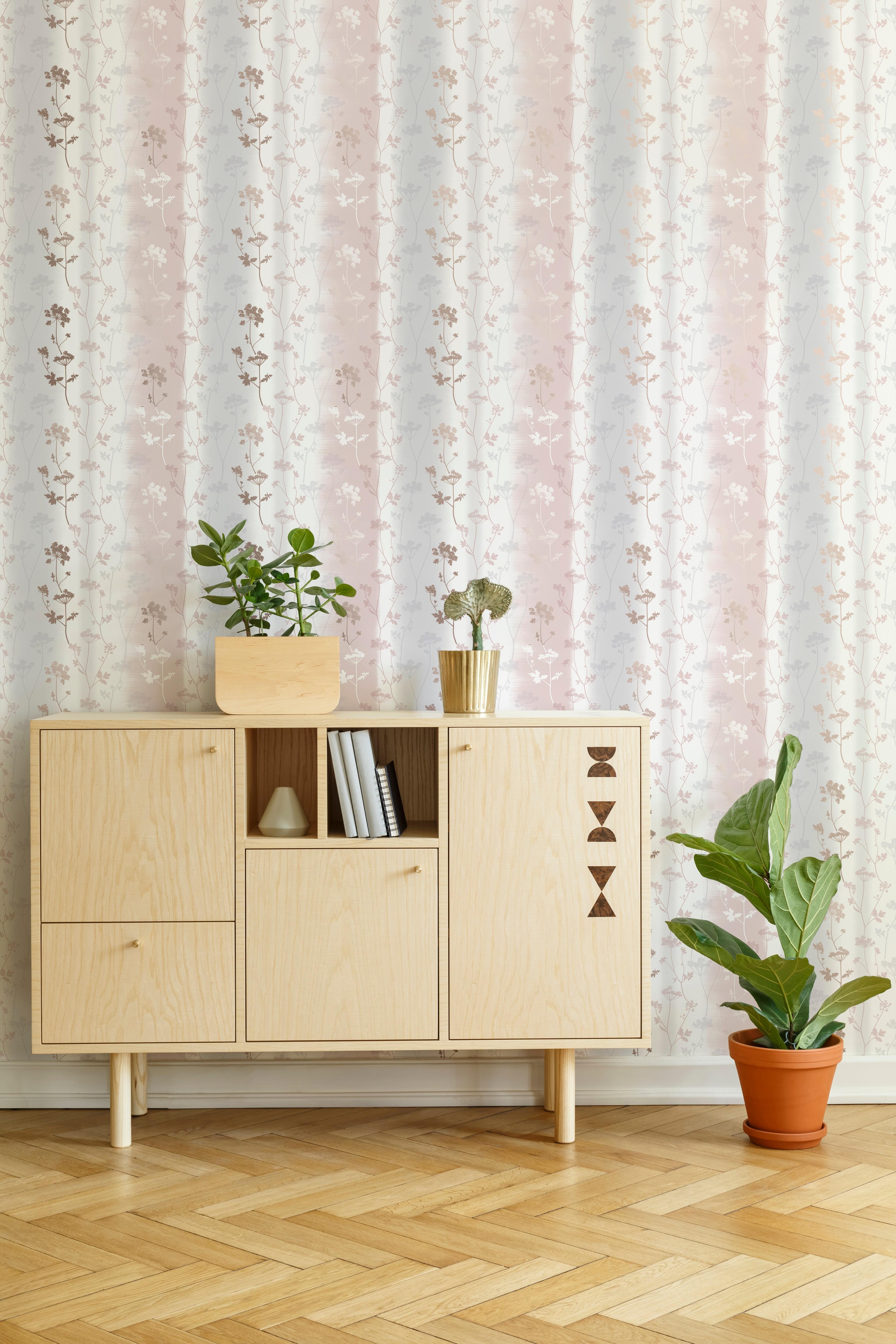 Papel pintado vinilo botánico, plantas o floral rosa