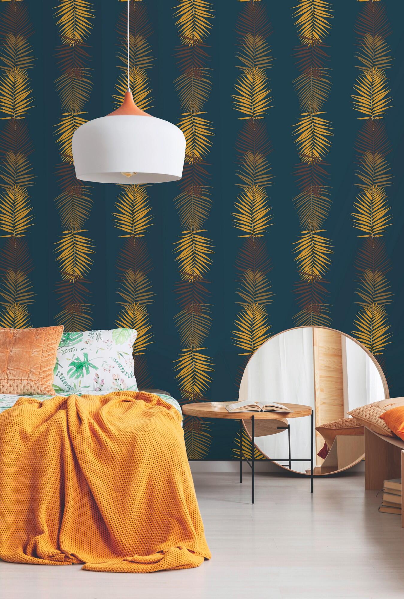 Papel pintado vinilo aplicación cola en pared naturaleza hoja palmera azul lutece 53cmx10.05m fregable