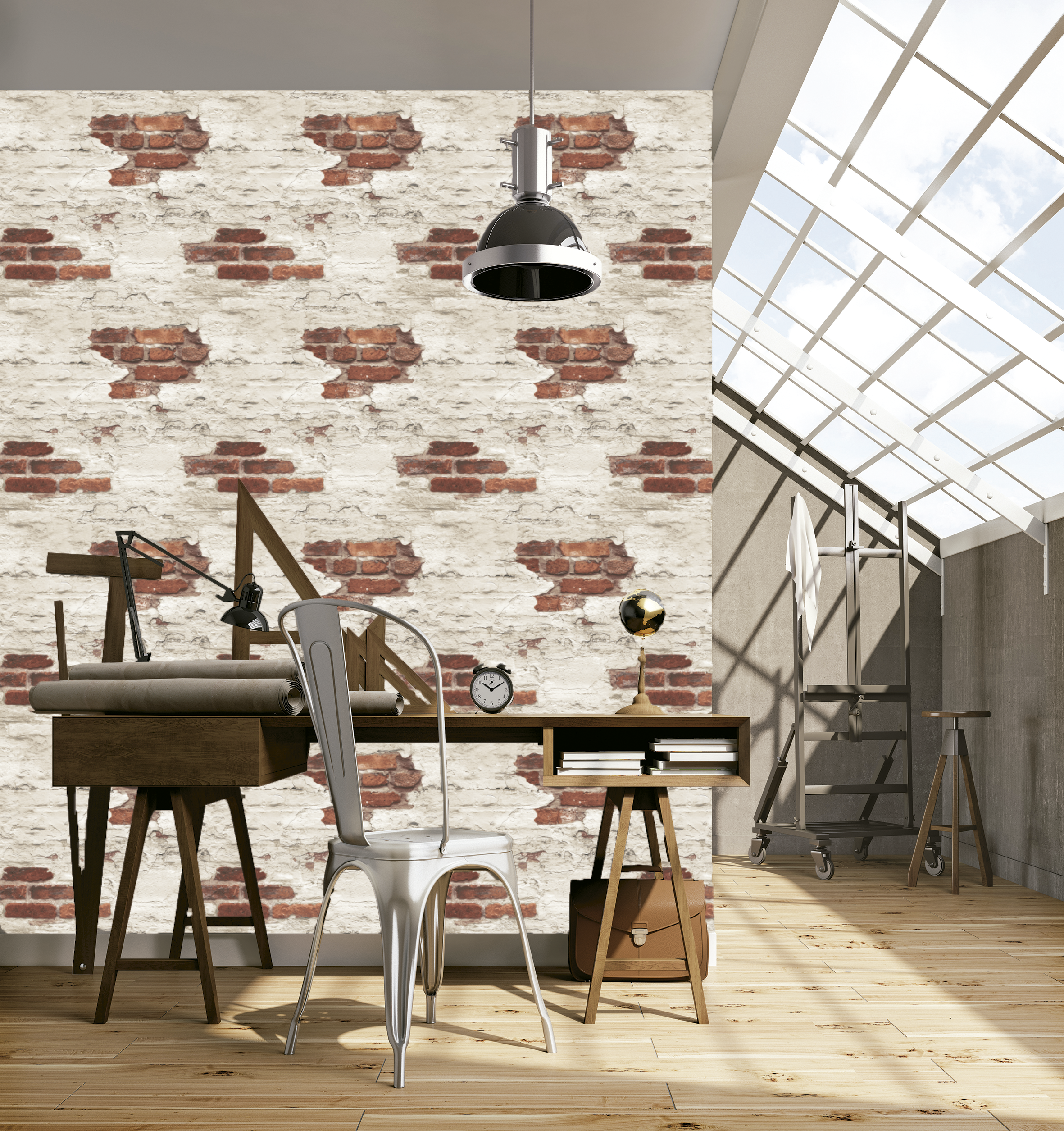 Papel pintado vinilo imitación material ladrillo 45354 rojo