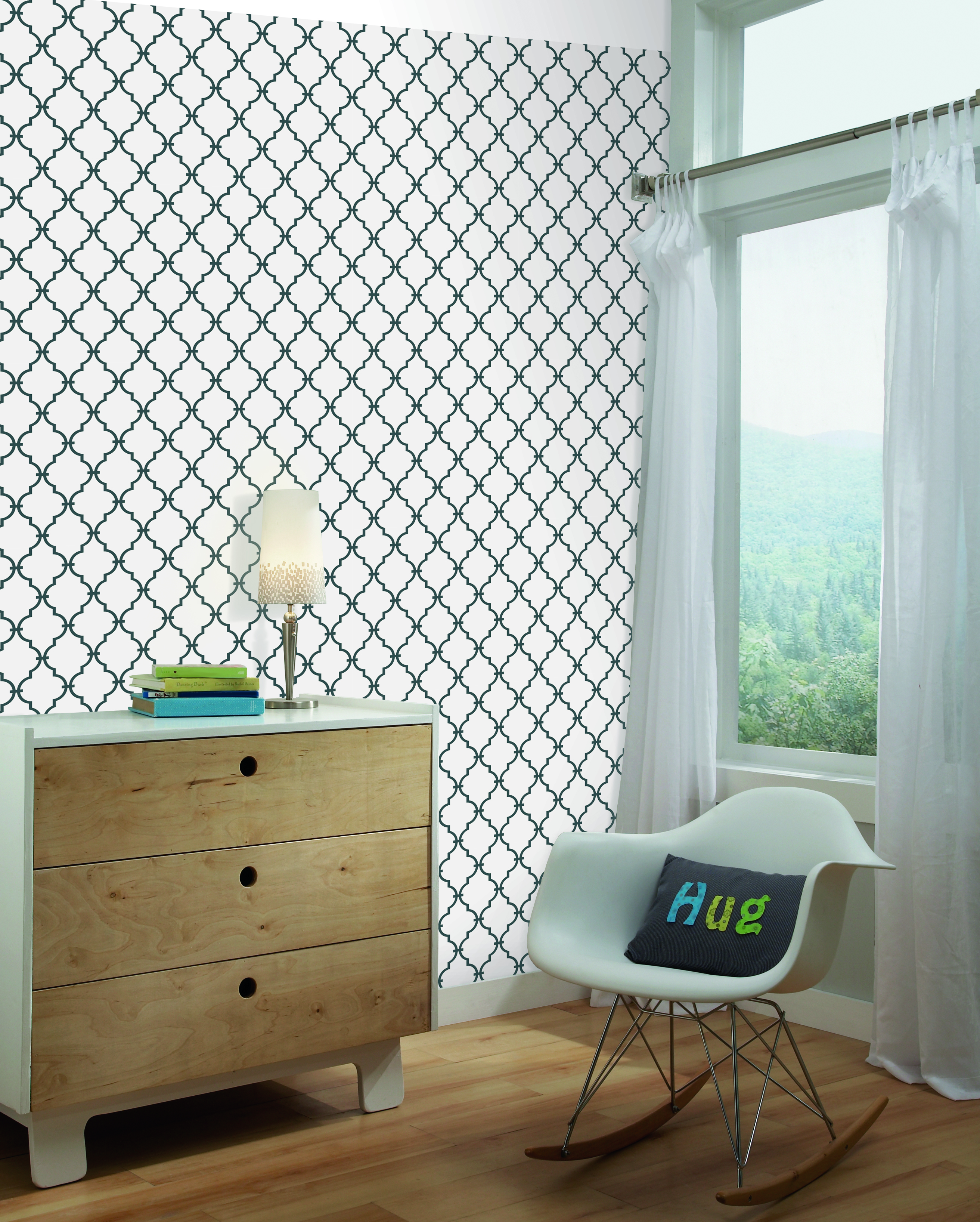 Papel pintado vinilo adhesivo geométrico arabesco blanco 52cmx5m lavable