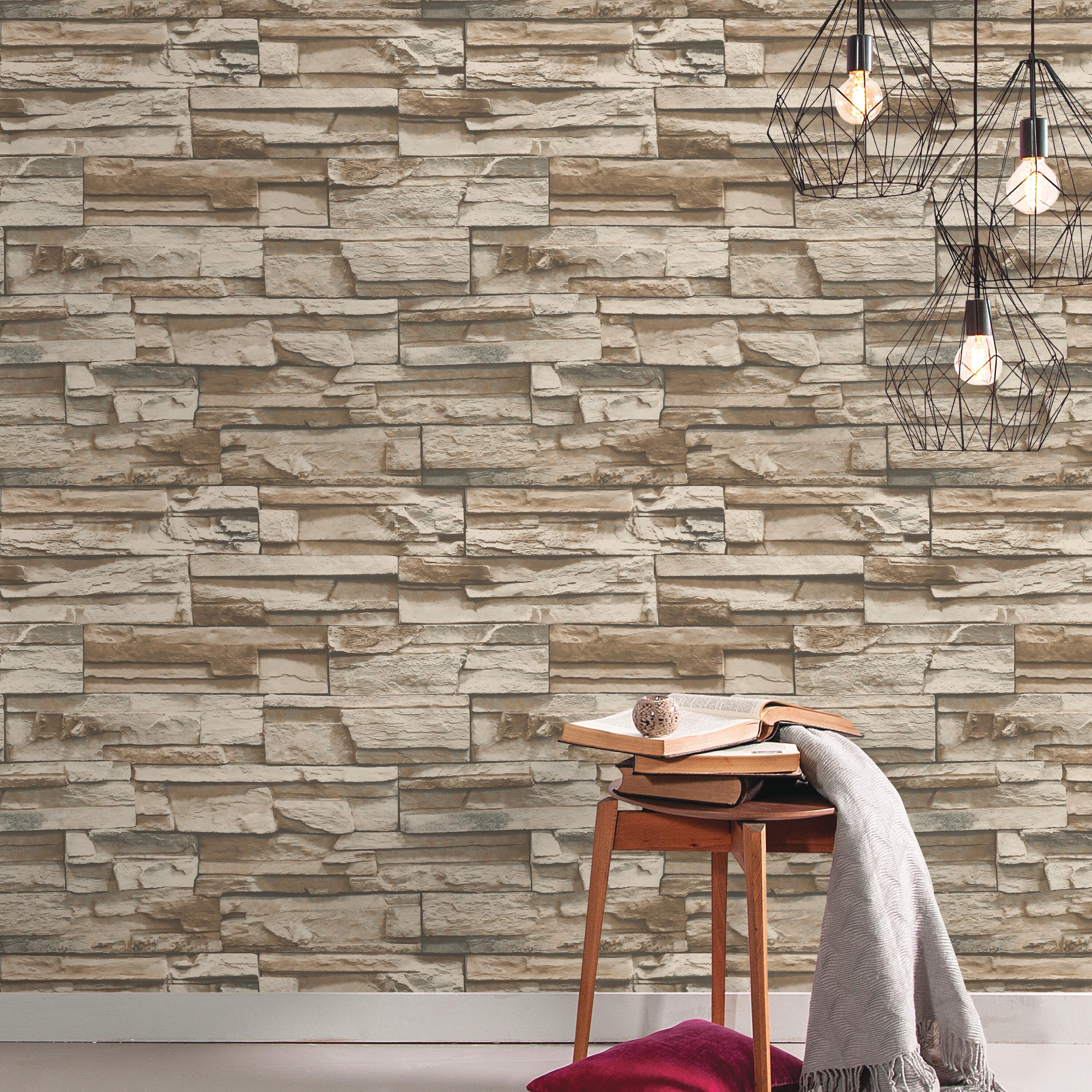 Papel pintado vinilo imitación material piedra marrón