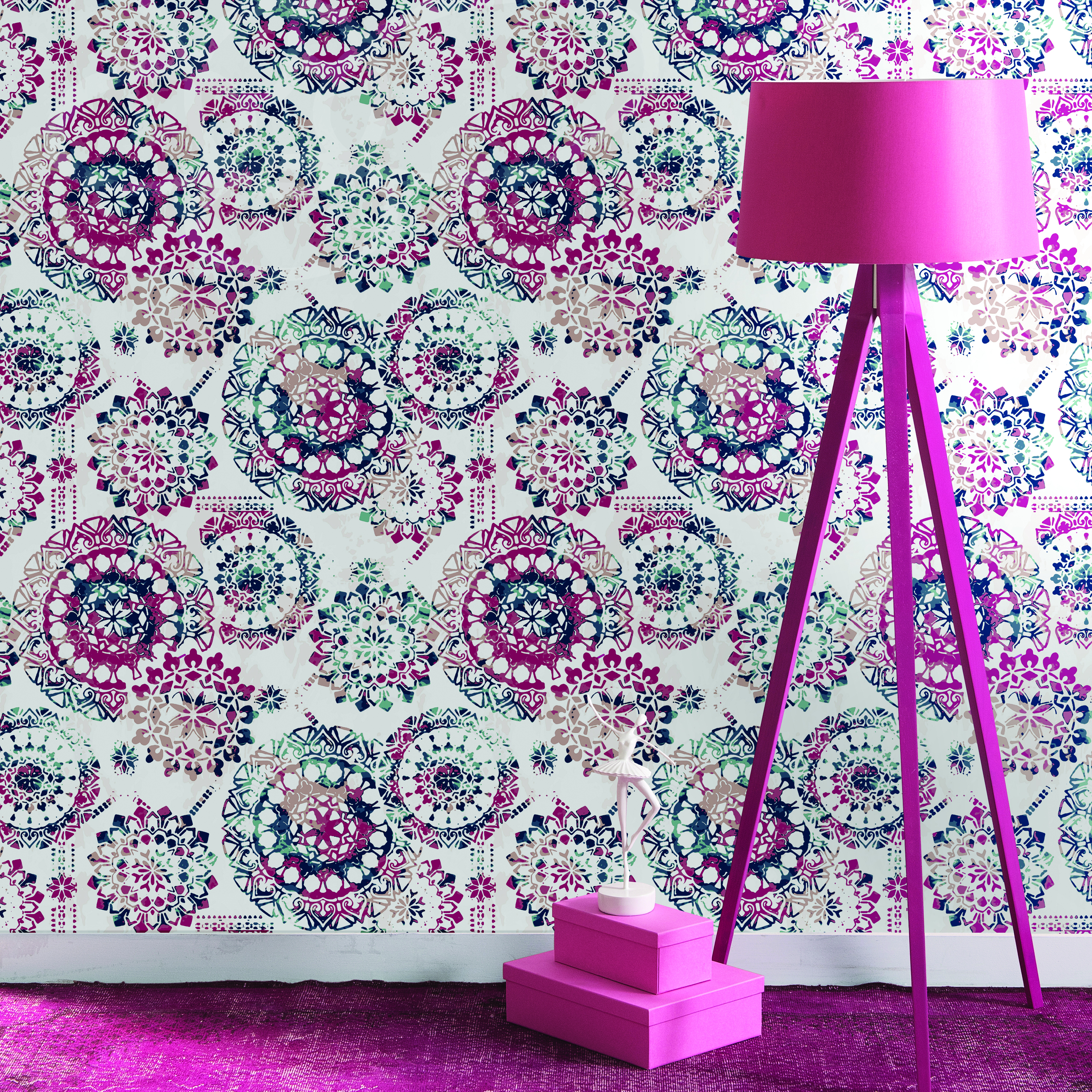 Papel pintado vinilo adhesivo geométrico mandala rosa 52cmx5m lavable