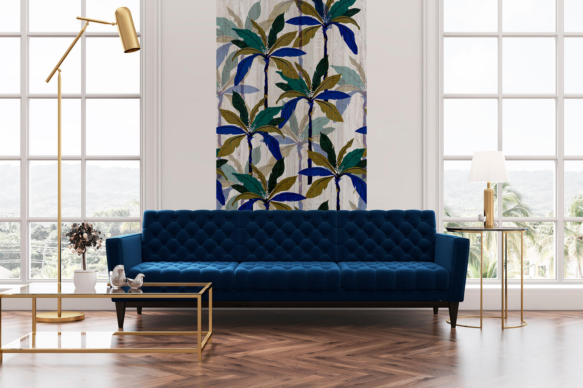 Mural textil abstracto blue palm azul de 132 x 260 cm motif