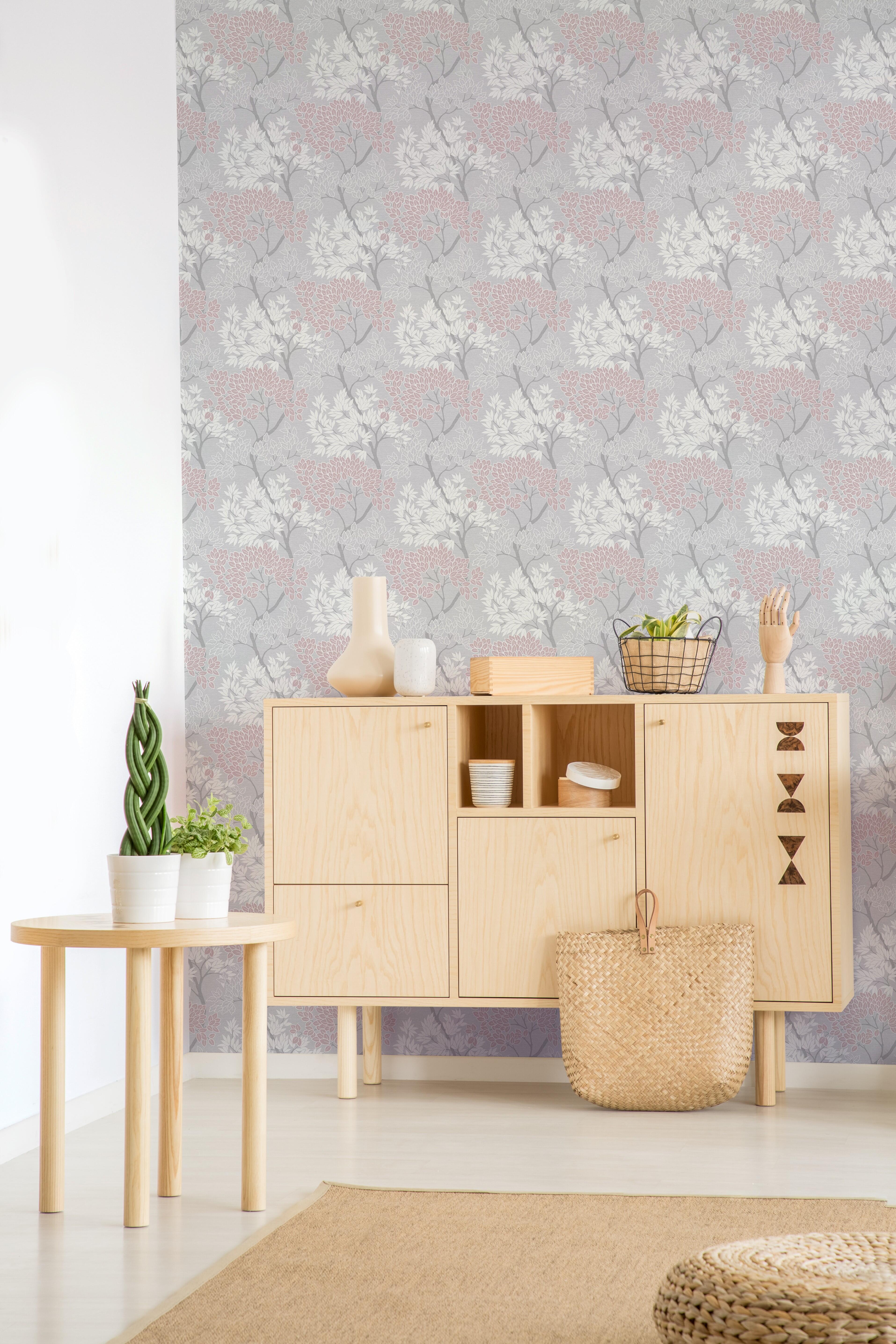 Papel pintado vinilo botánico, plantas o floral rosa