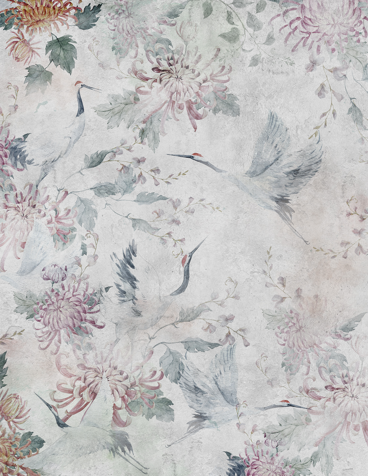 Mural adhesivo textil liso lavable animales Garzas Japonesas multicolor 193 x 260 cm MOTIF - 6