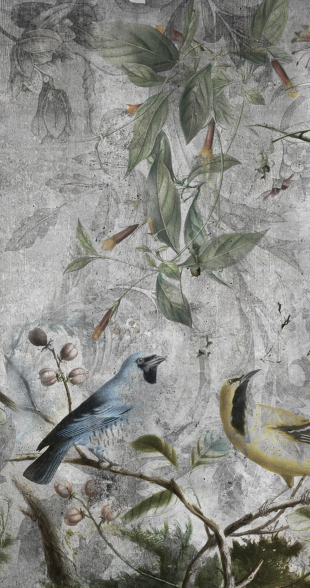 Mural adhesivo textil liso lavable abstracto Pájaros Tropicales gris 132 x 260 cm MOTIF - 5