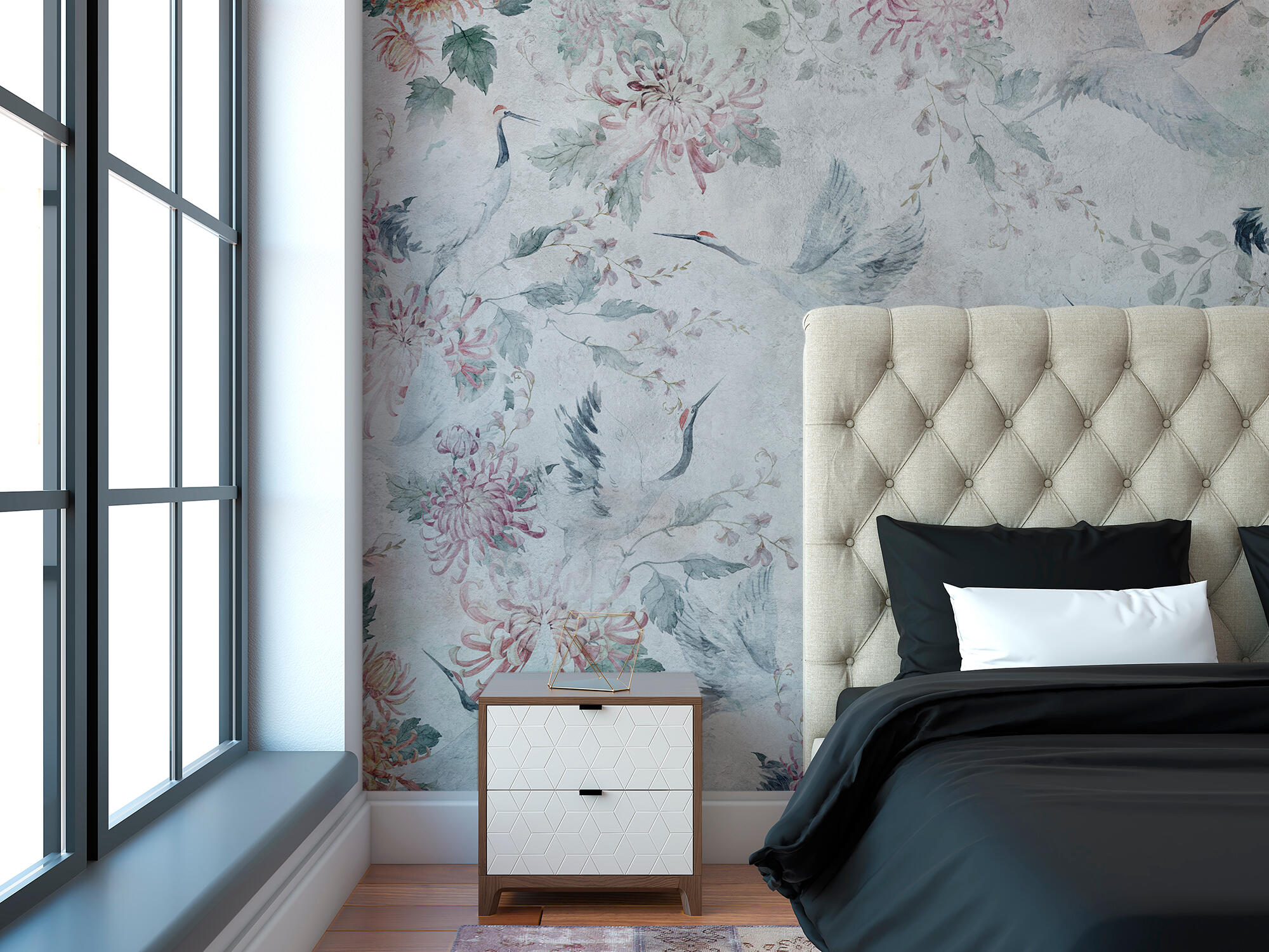 Mural adhesivo textil liso lavable animales Garzas Japonesas multicolor 132 x 260 cm MOTIF - 2