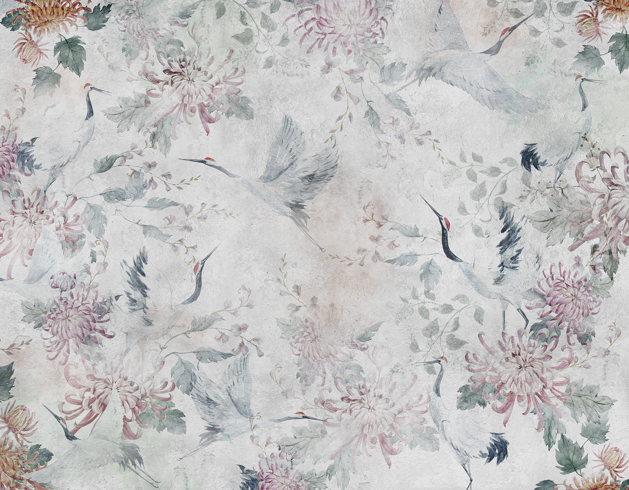 Mural adhesivo textil liso lavable animales Garzas Japonesas multicolor 321 x 260 cm MOTIF - 5