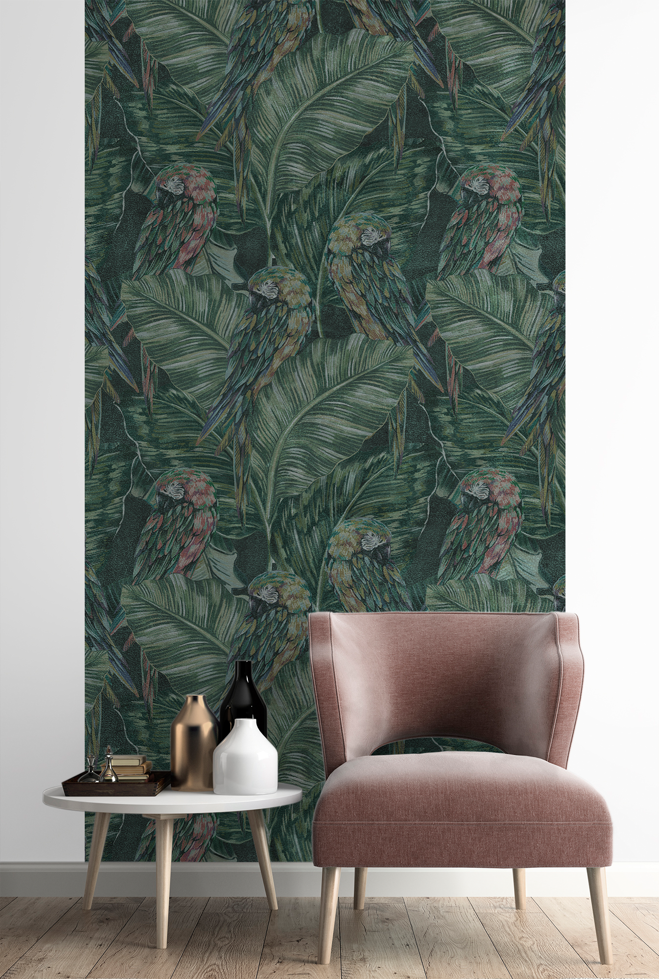 Mural textil animales parrots verde de 132 x 260 cm motif
