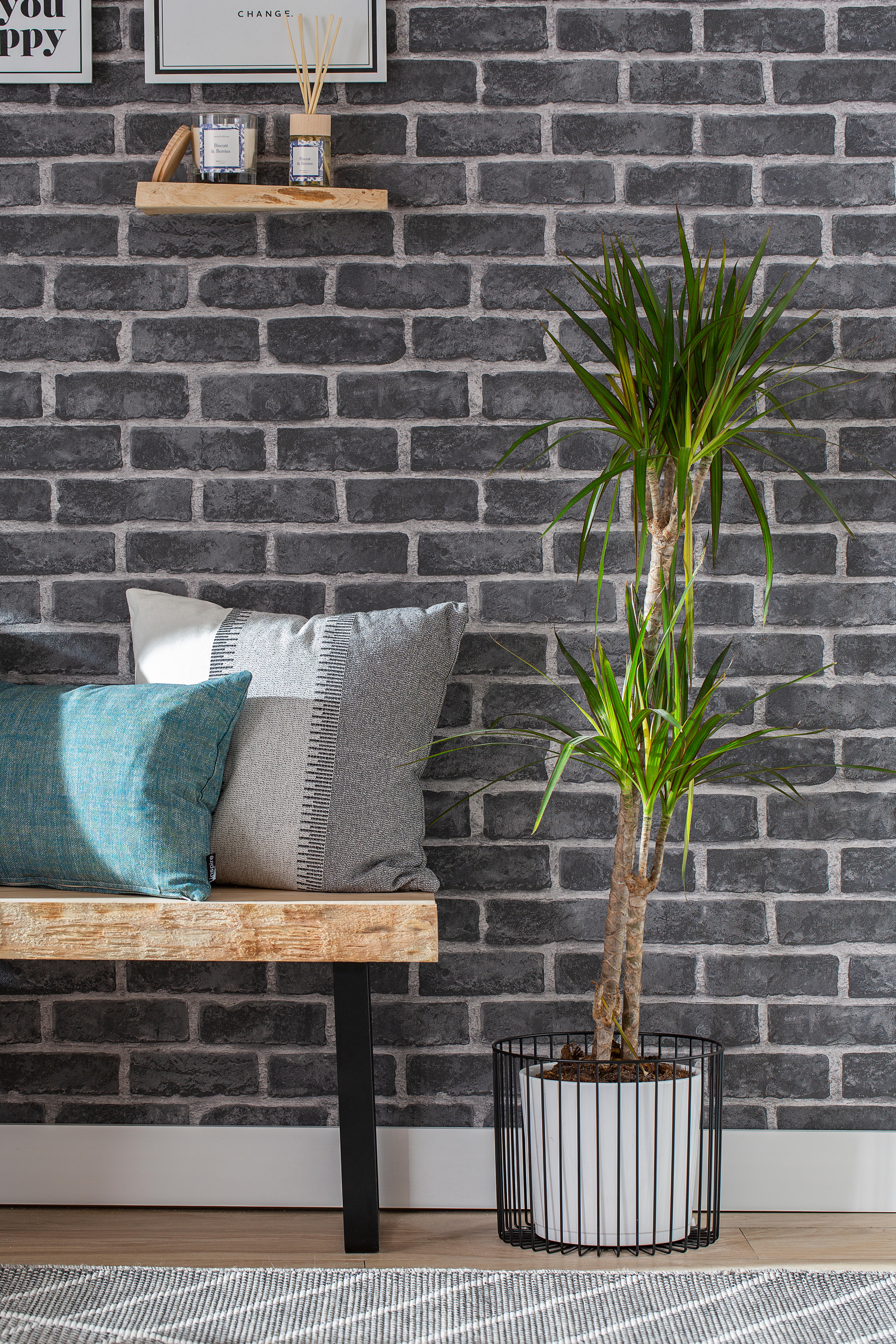 Papel pintado vinilo aplicación cola en pared imitación material ladrillo gris gris inspire 53cmx10.05m lavable