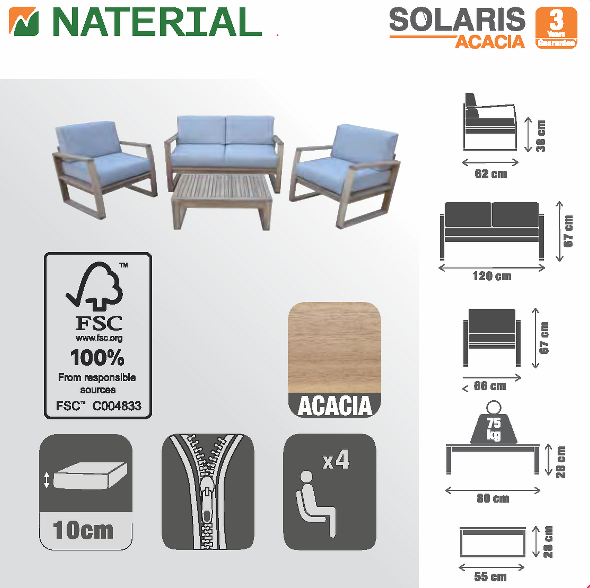 Conjunto jardim relax sofá e mesa Acácia Solaris Naterial - 10