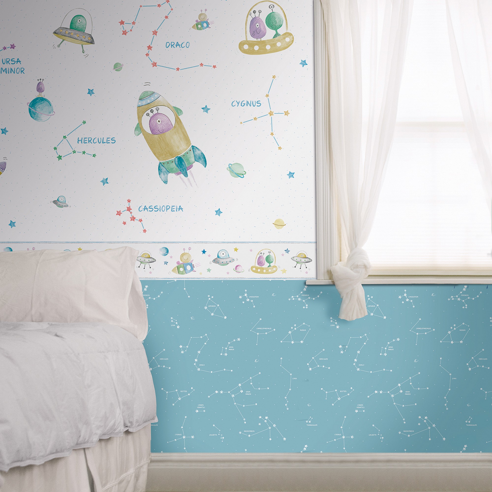 Mural no tejido infantil marcianos lila violeta de 212 x 212 cm ich
