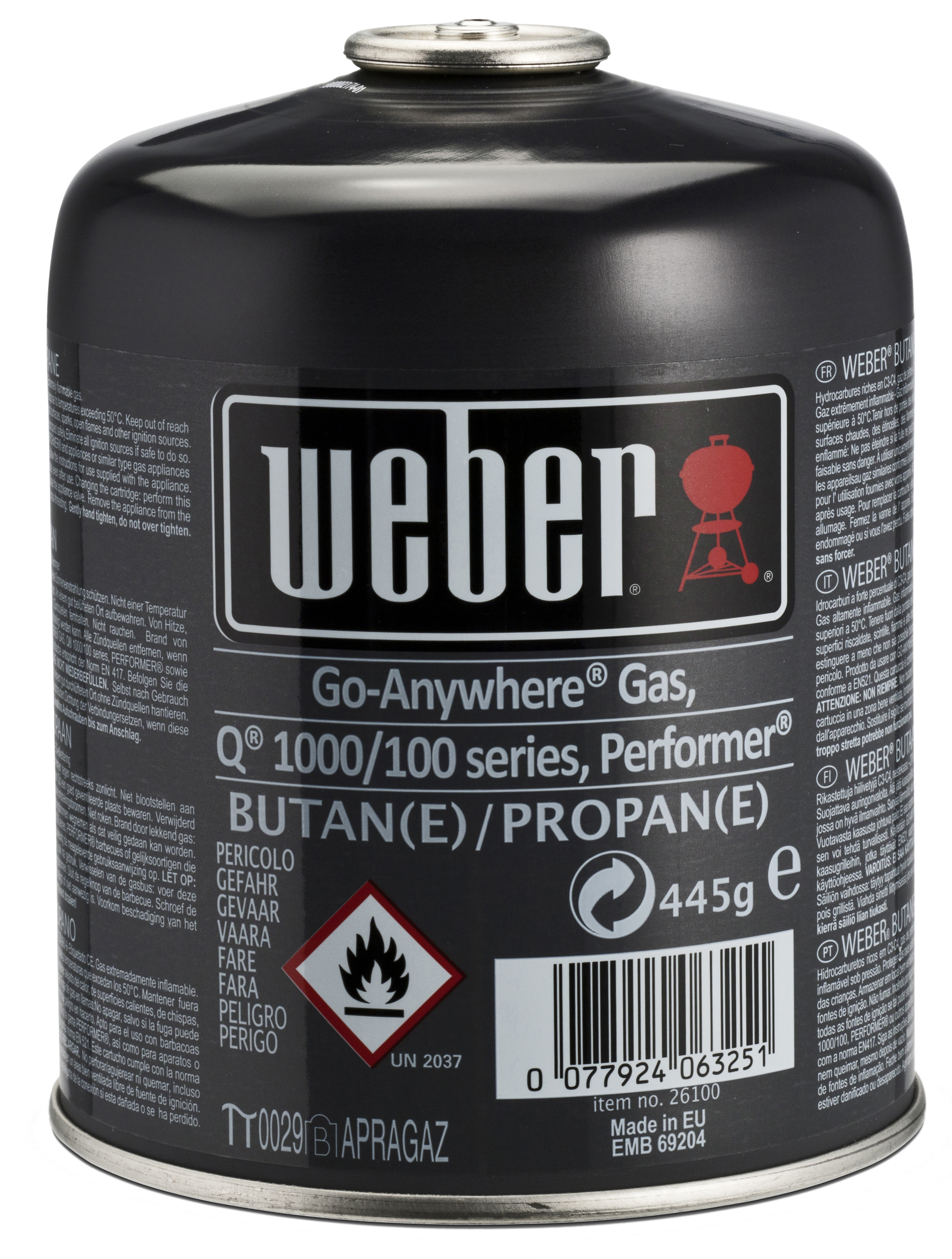 Cartucho de gas de butano / propano weber peq 445g de 0.84 litros