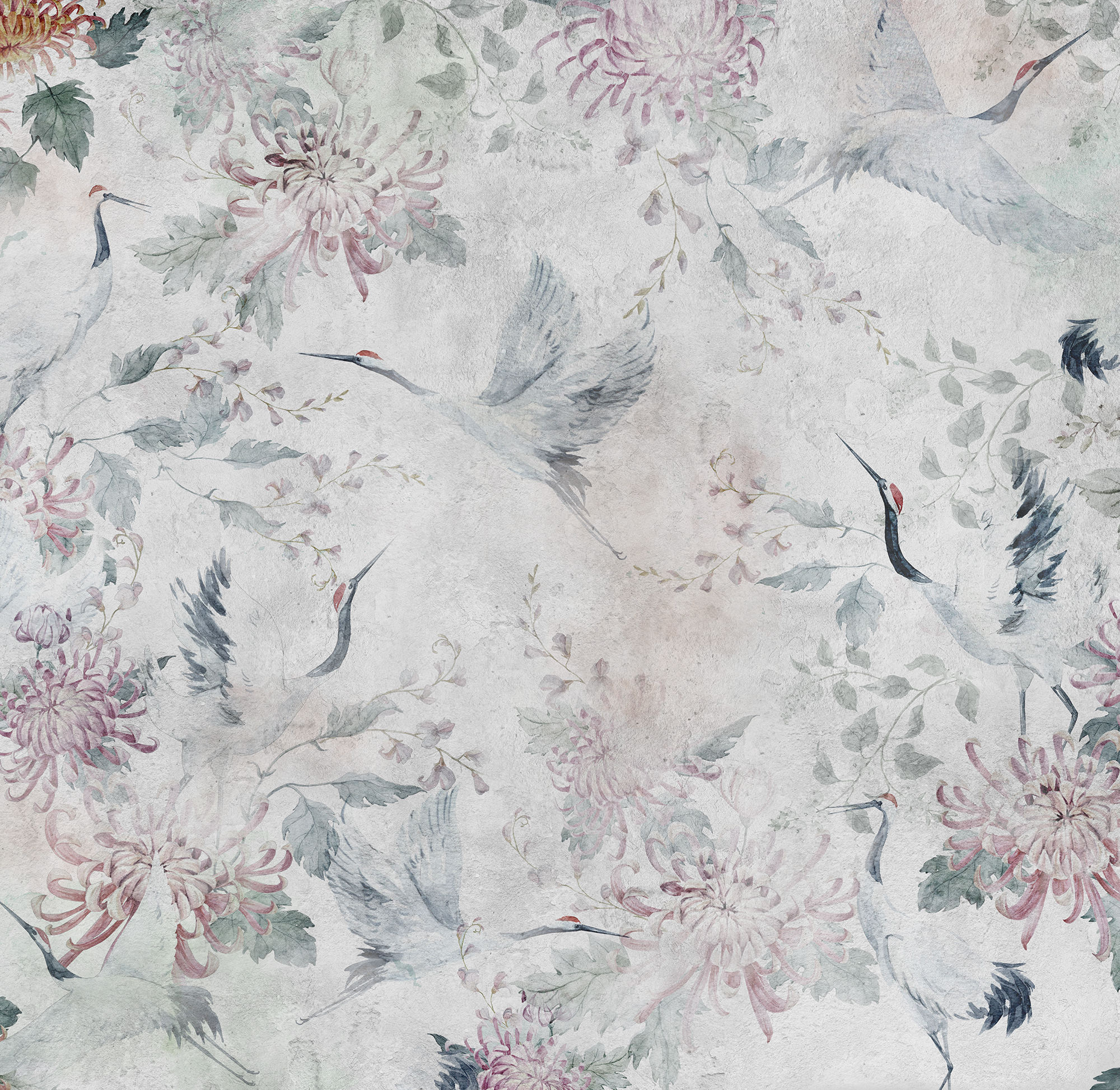 Mural adhesivo textil liso lavable animales Garzas Japonesas multicolor 132 x 260 cm MOTIF - 6