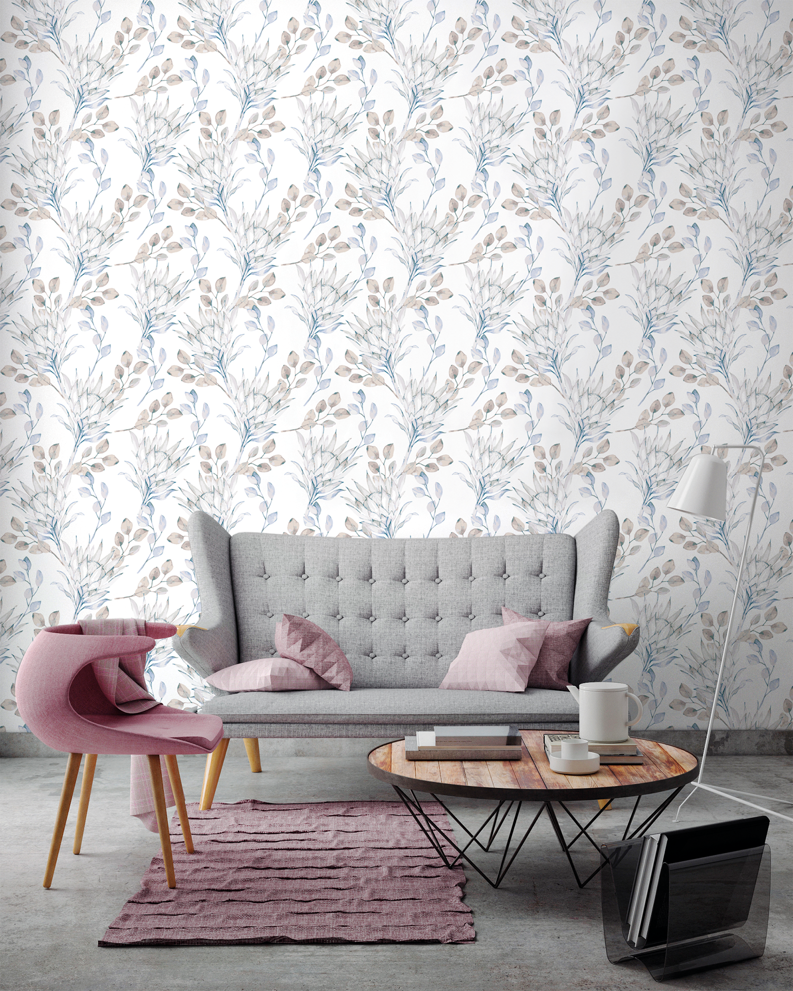 Papel pintado autoadhesivo no tejido flores invierno azul