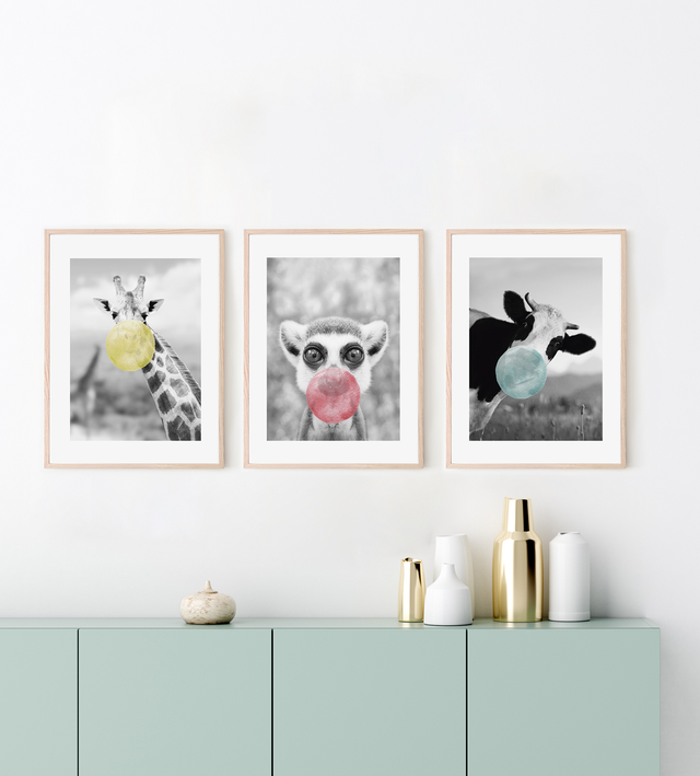 3 Láminas Animales rectangular de 30 x 40 cm. Papel Crazy Animal beige, negro, blanco, azul, rosa y amarillo