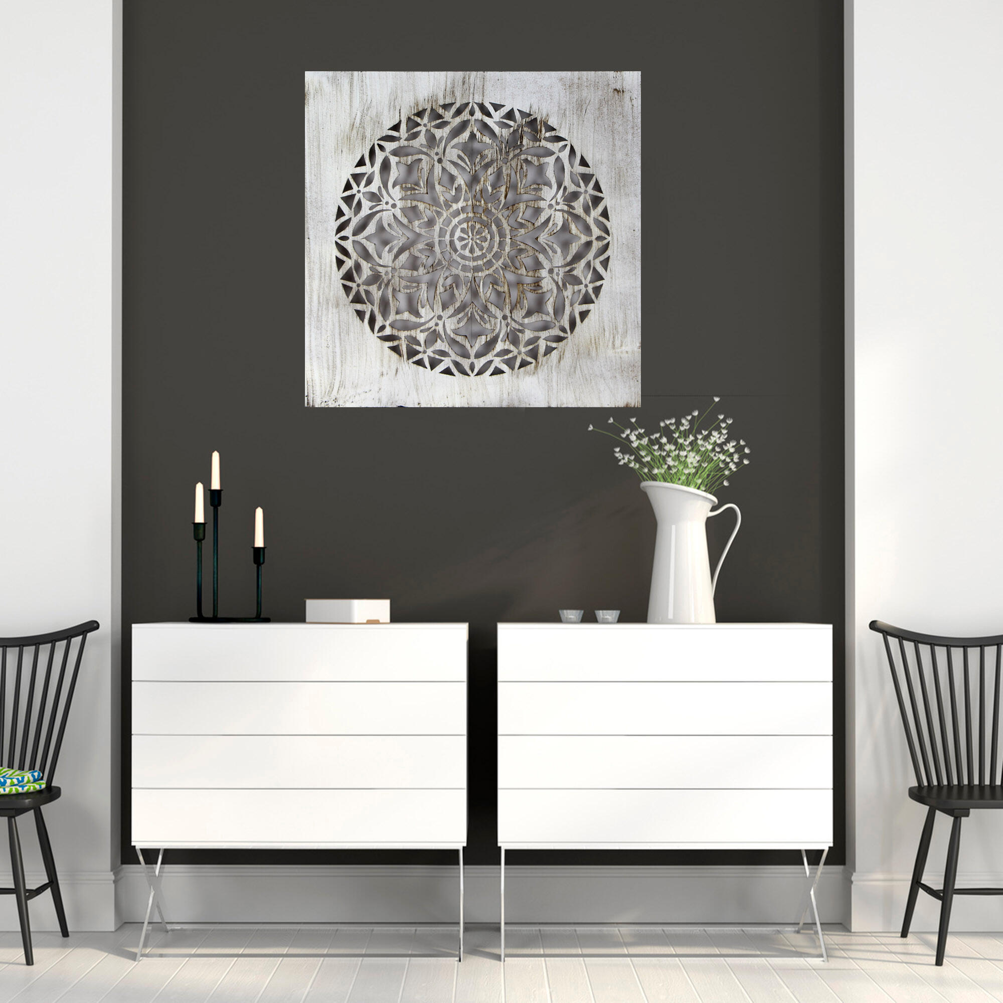 Objeto decorativo sin marco Geométrico cuadrada de 40 x 40 cm. MDF Mosaico blanco envejecido - 7