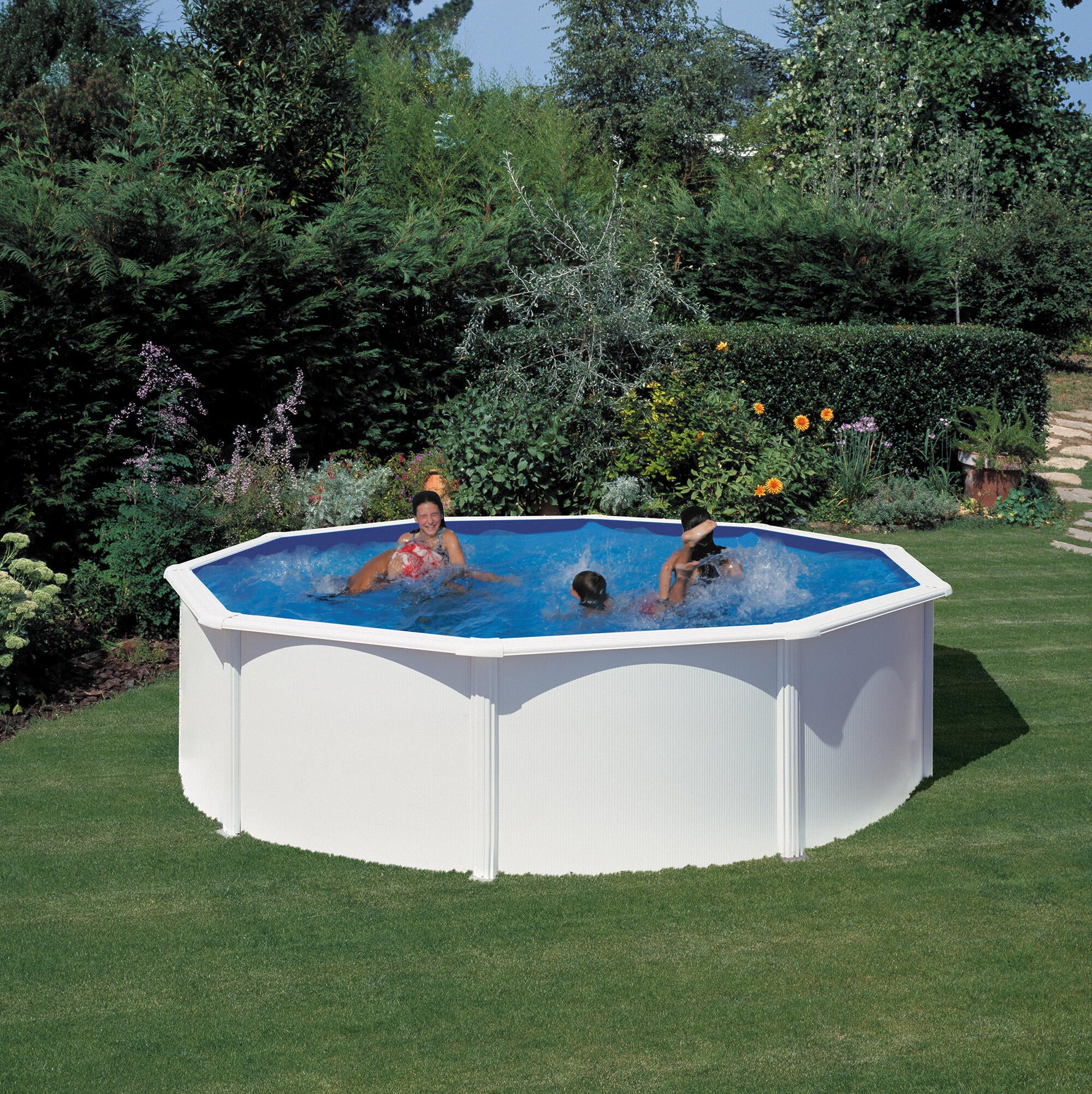 Piscina elevada de acero blanco redonda 4.6x4.6x1.2 m con depuradora de arena y escalera de seguridad GRE - 12