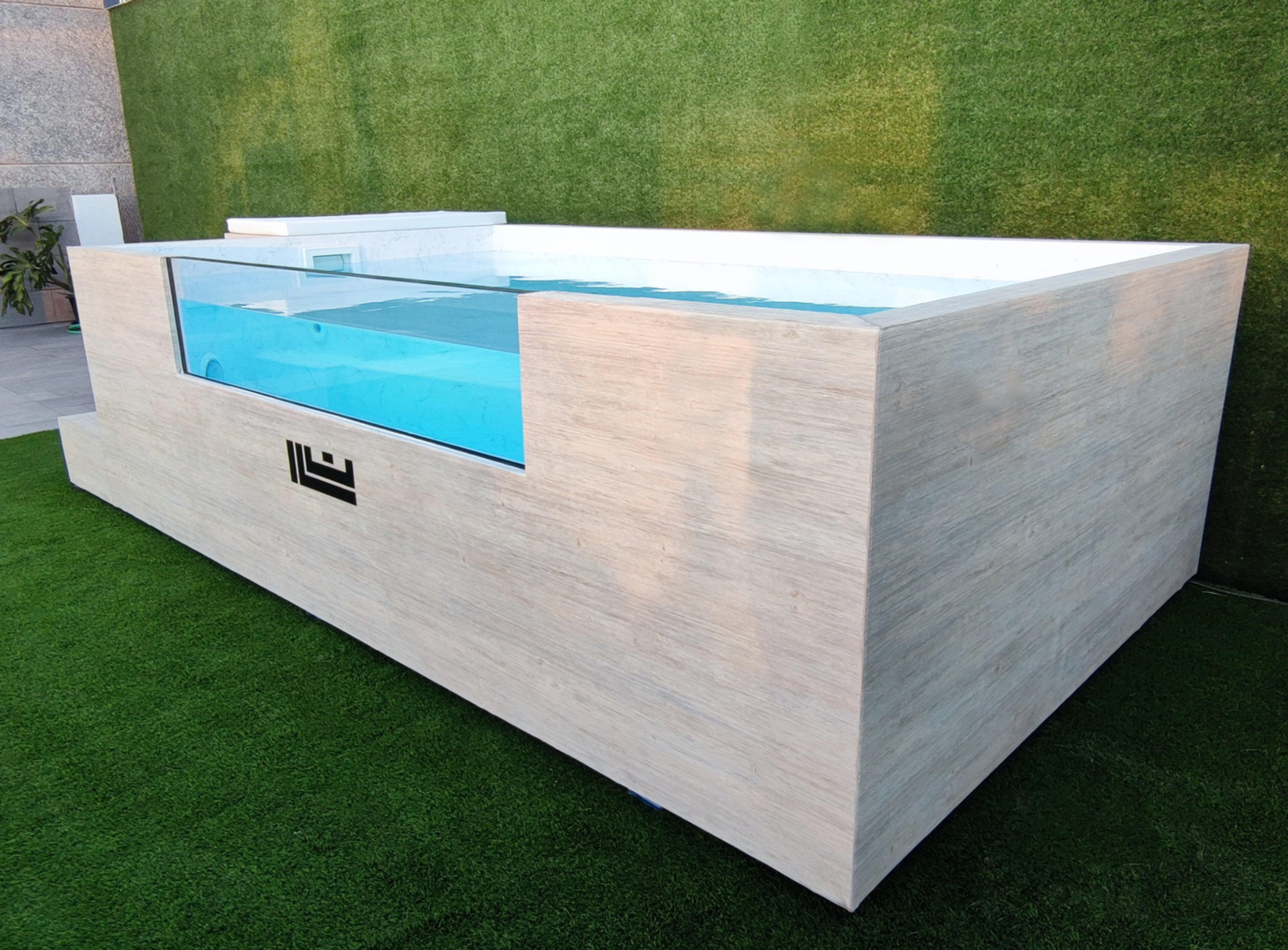 Piscina elevada de acero galvanizado amarilla rectangular 3x2x0.95 m con depuradora de arena y escalera de seguridad QP - 3