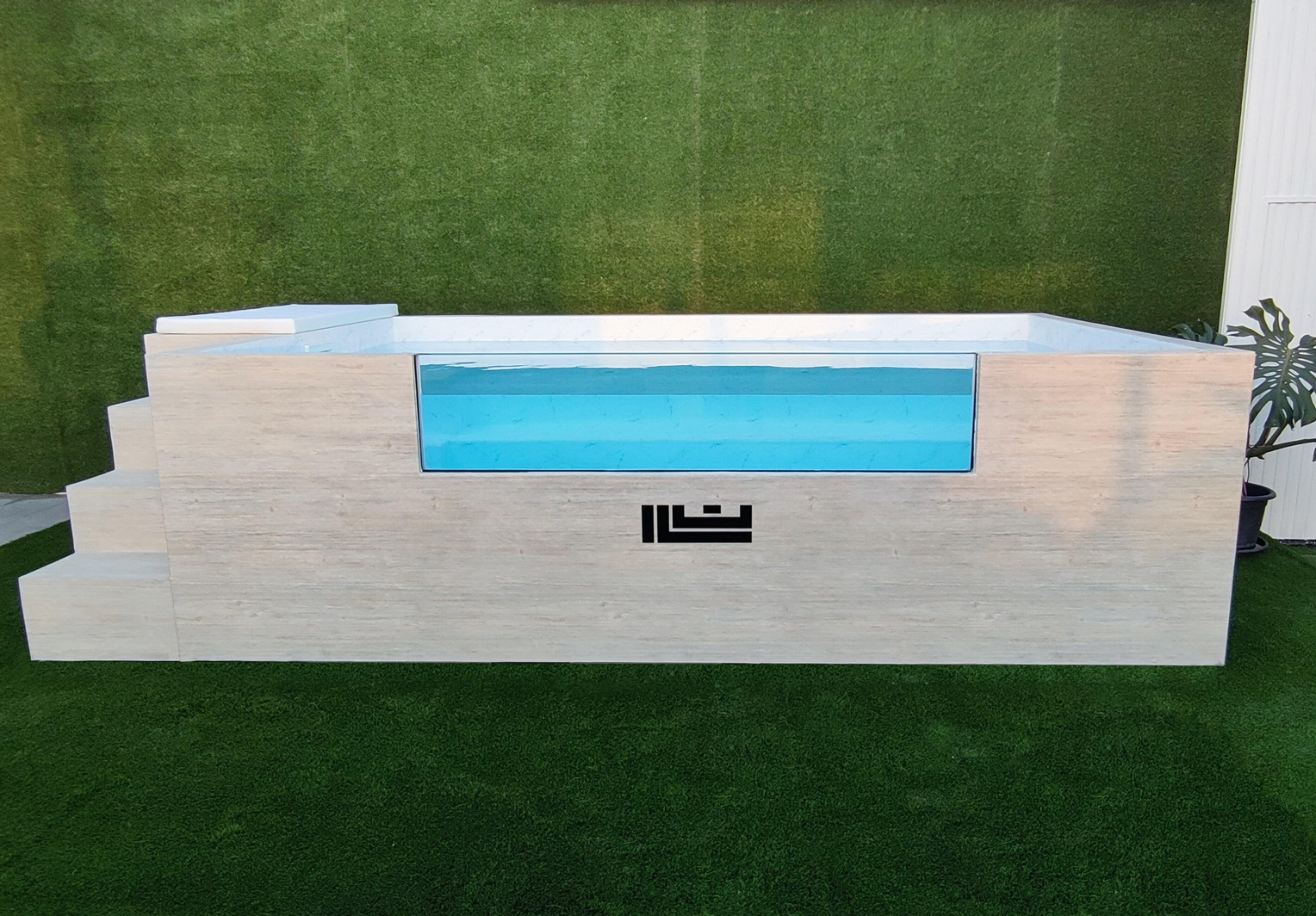 Piscina elevada de acero galvanizado amarilla rectangular 3x2x0.95 m con depuradora de arena y escalera de seguridad QP - 2
