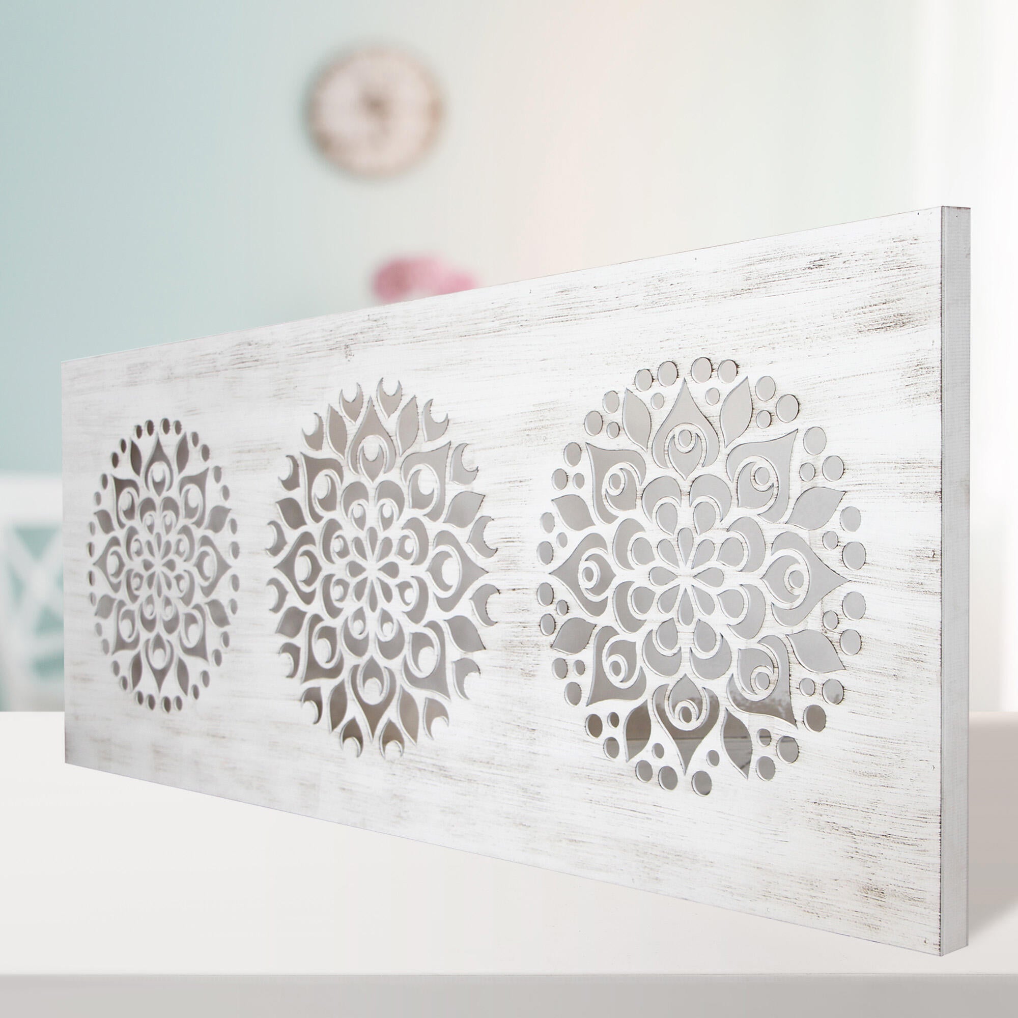 Objeto decorativo sin marco Geométrico rectangular de 150 x 80 cm. MDF Mosaico blanco envejecido - 7