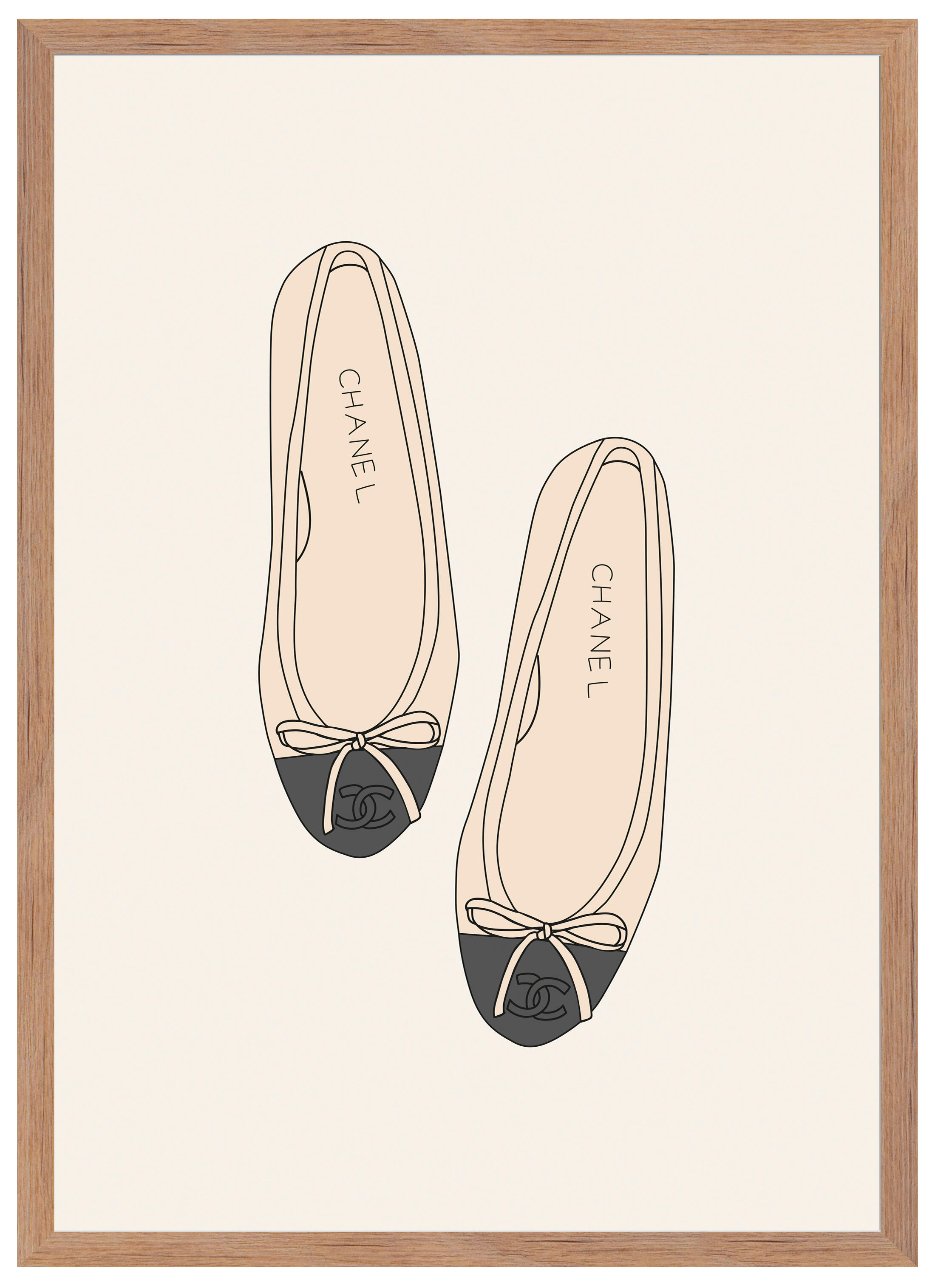 Cuadro pintura impresa enmarcada objetos rectangular de 70 x 50 cm. mdf ballerinas blanco, beige y negro. marco color roble