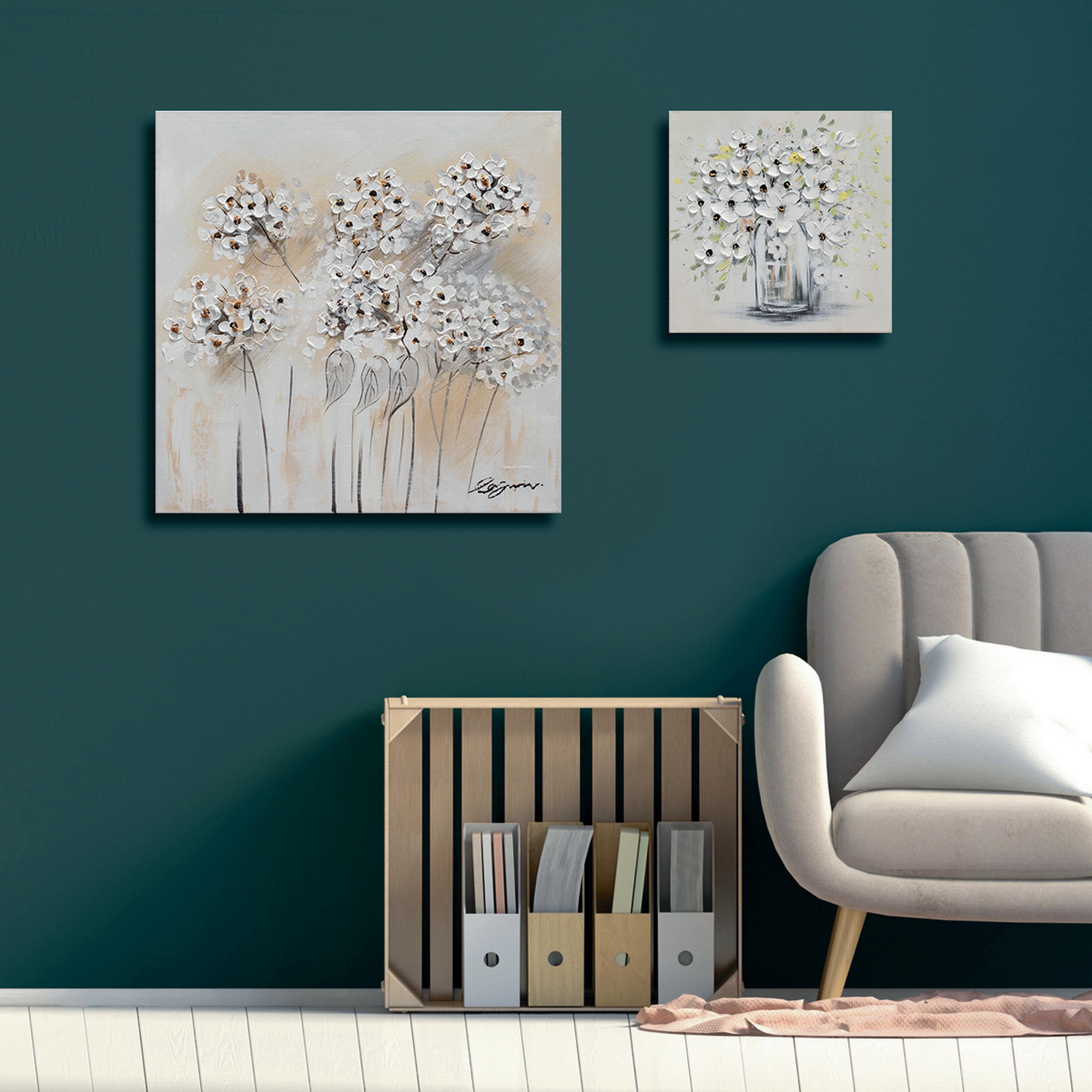 Grande Quadro Su Tela Con Fiori Bianchi - Dipinto A Mano Ad Olio 152x76 Cm Per Soggiorno