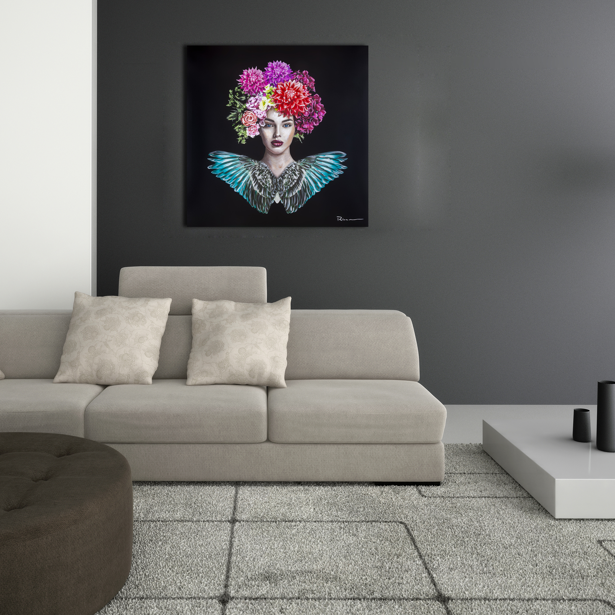 Canvas pintura enmarcada. mujer flores 80x80 cm
