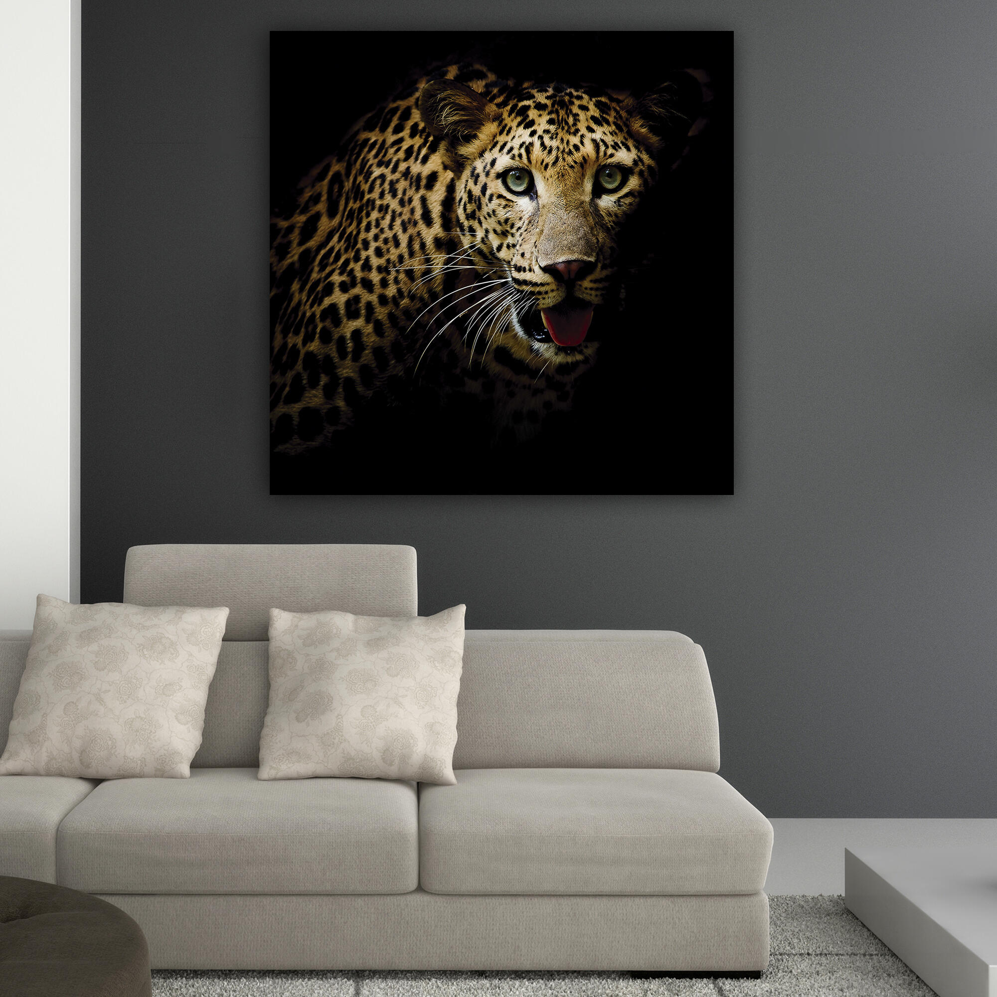 Pintura impresa sin marco animales cuadrada de 100 x 100 cm. loneta leopardo amarillo y negro