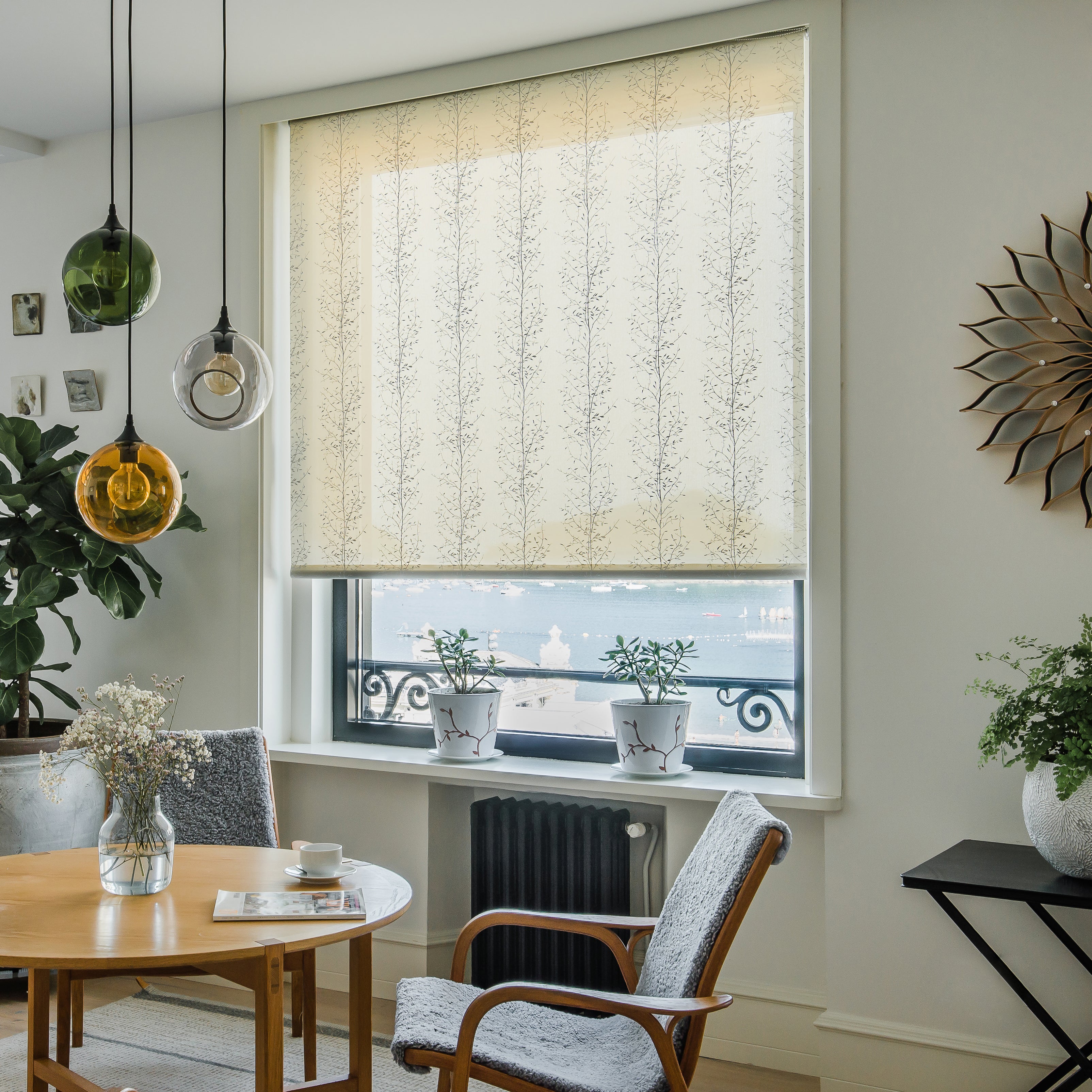 Estor enrollable screen 5% con cadena ramas poliéster planta beige de 150x250cm