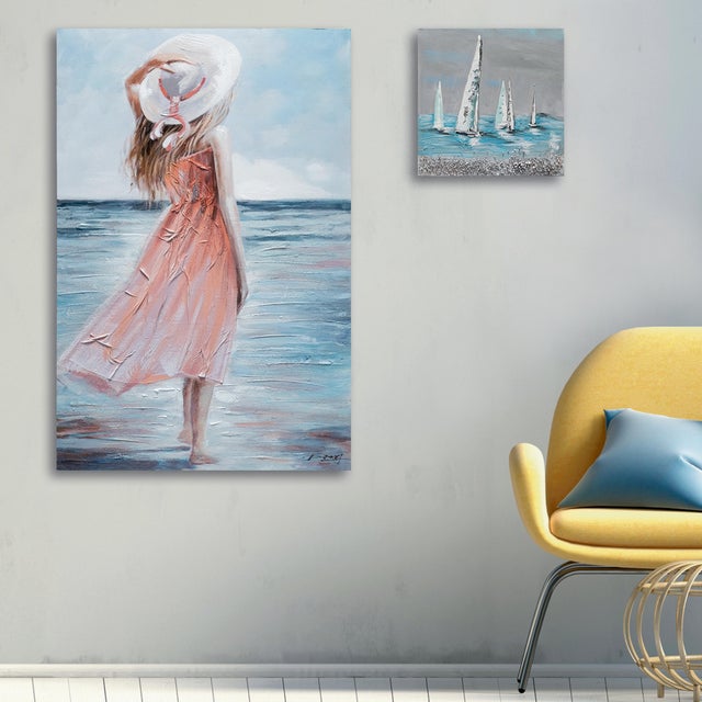 Pintura sin marco Mar rectangular de 60 x 90 cm. Loneta Original Mujer Rojo Playa multicolor