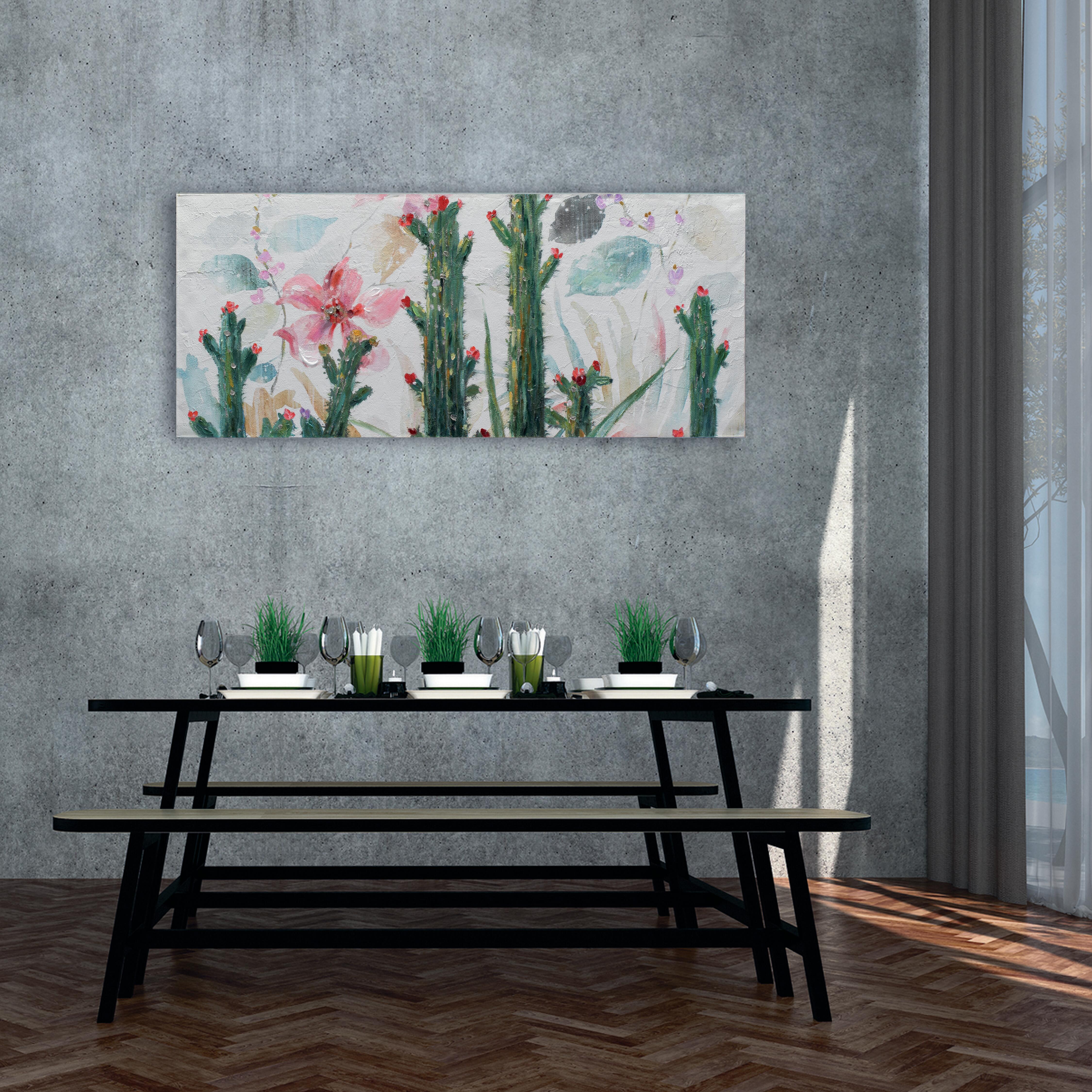 Pintura sin marco botánica rectangular de 150 x 65 cm. loneta original cactu rosa