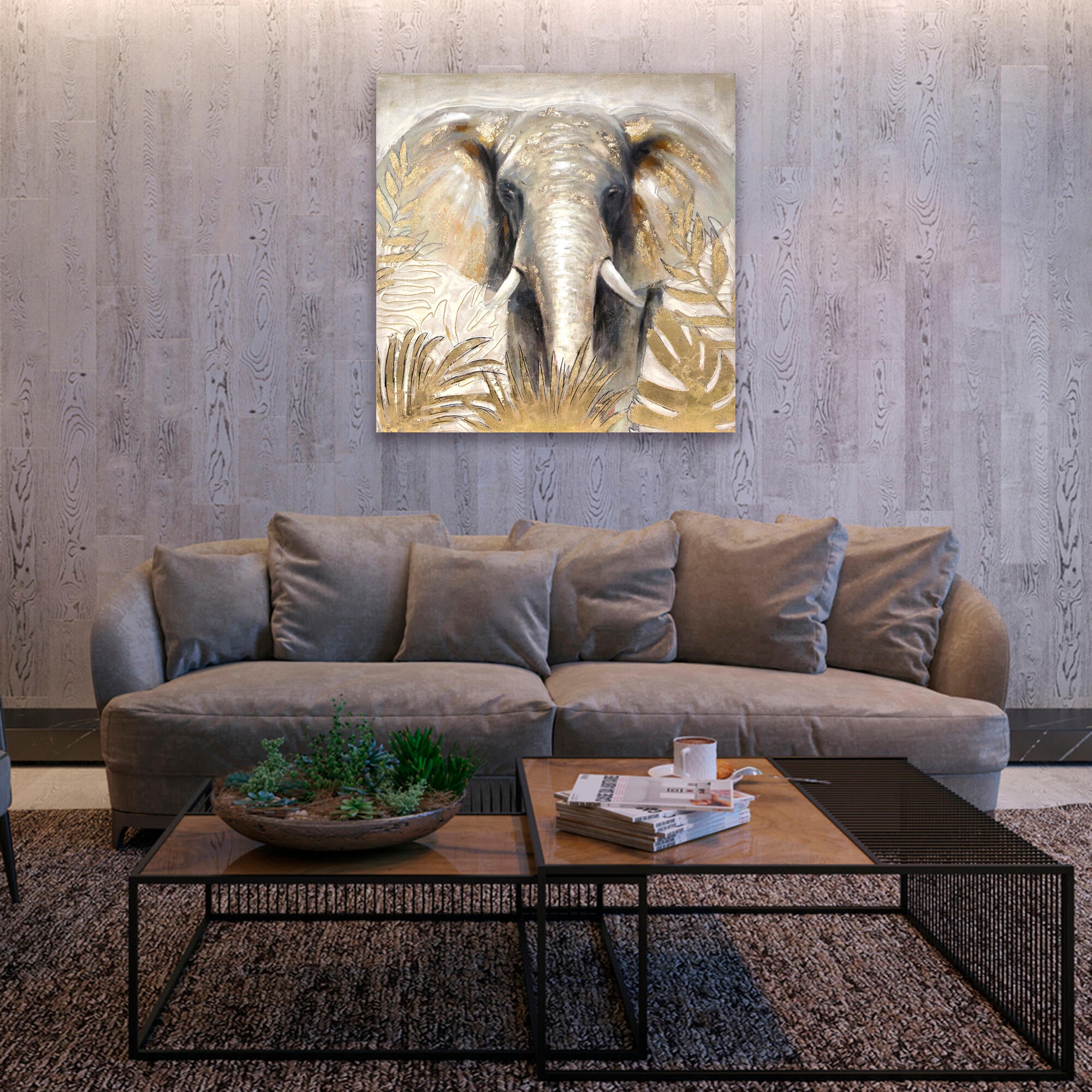 Pintura impresa sin marco animales cuadrada de 100 x 100 cm. loneta elefante dorado y gris