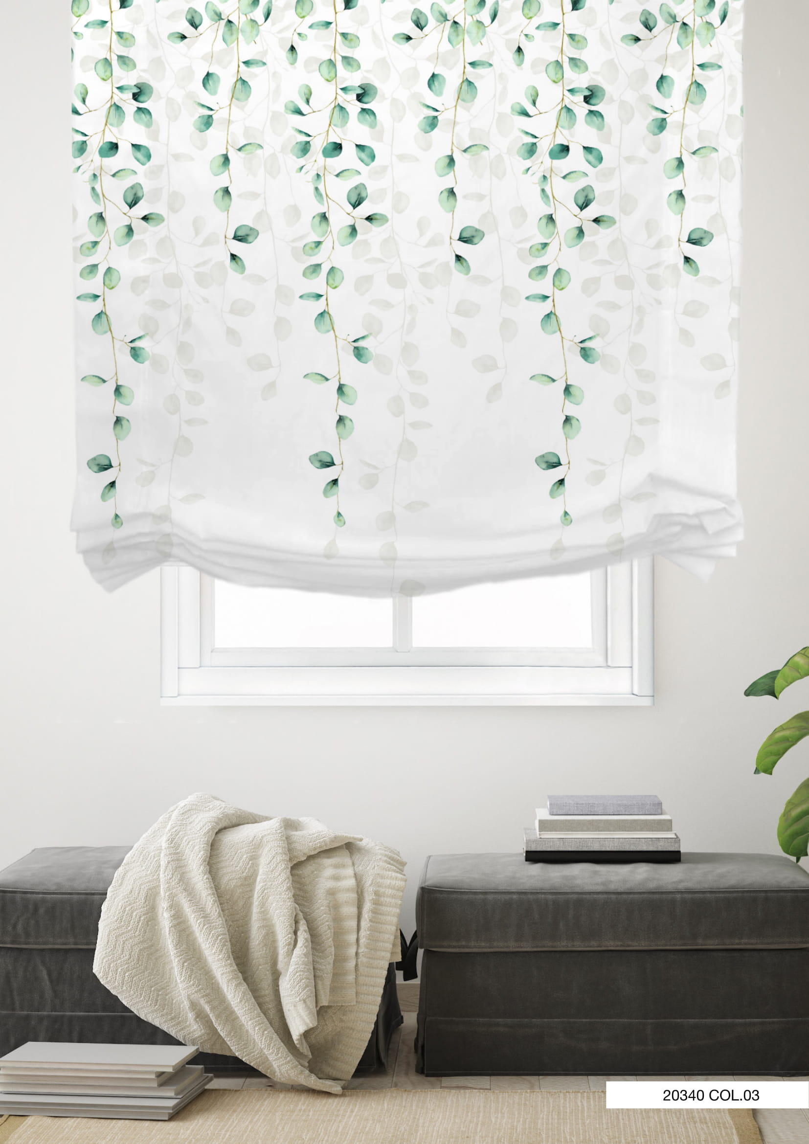 Estor plegable paqueto semi-trasparente con cadena eucalipto poliéster planta verde de 105x175 cm