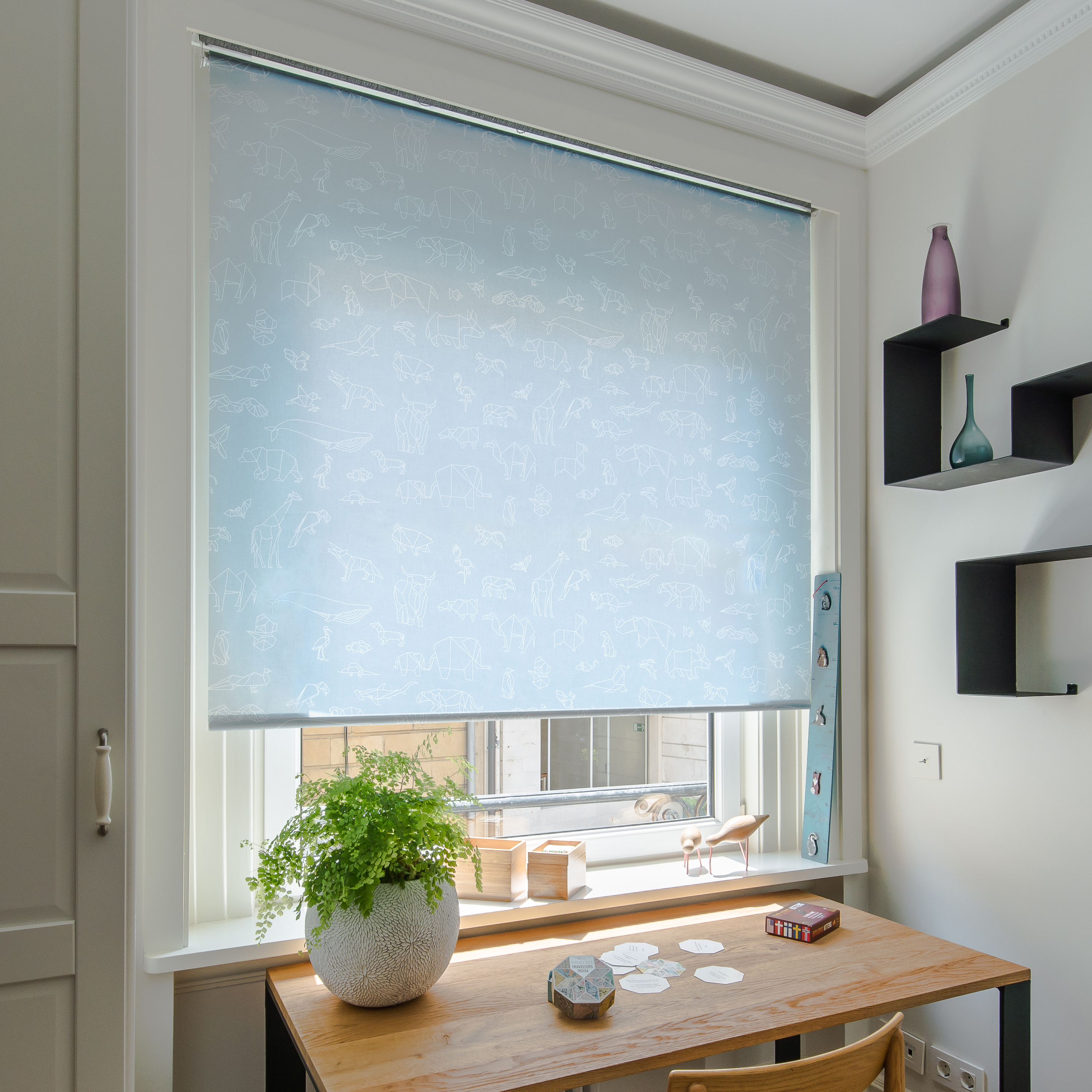 Estor enrollable translúcido papiroflexia cadena blanca azul ansar deco de 94x23