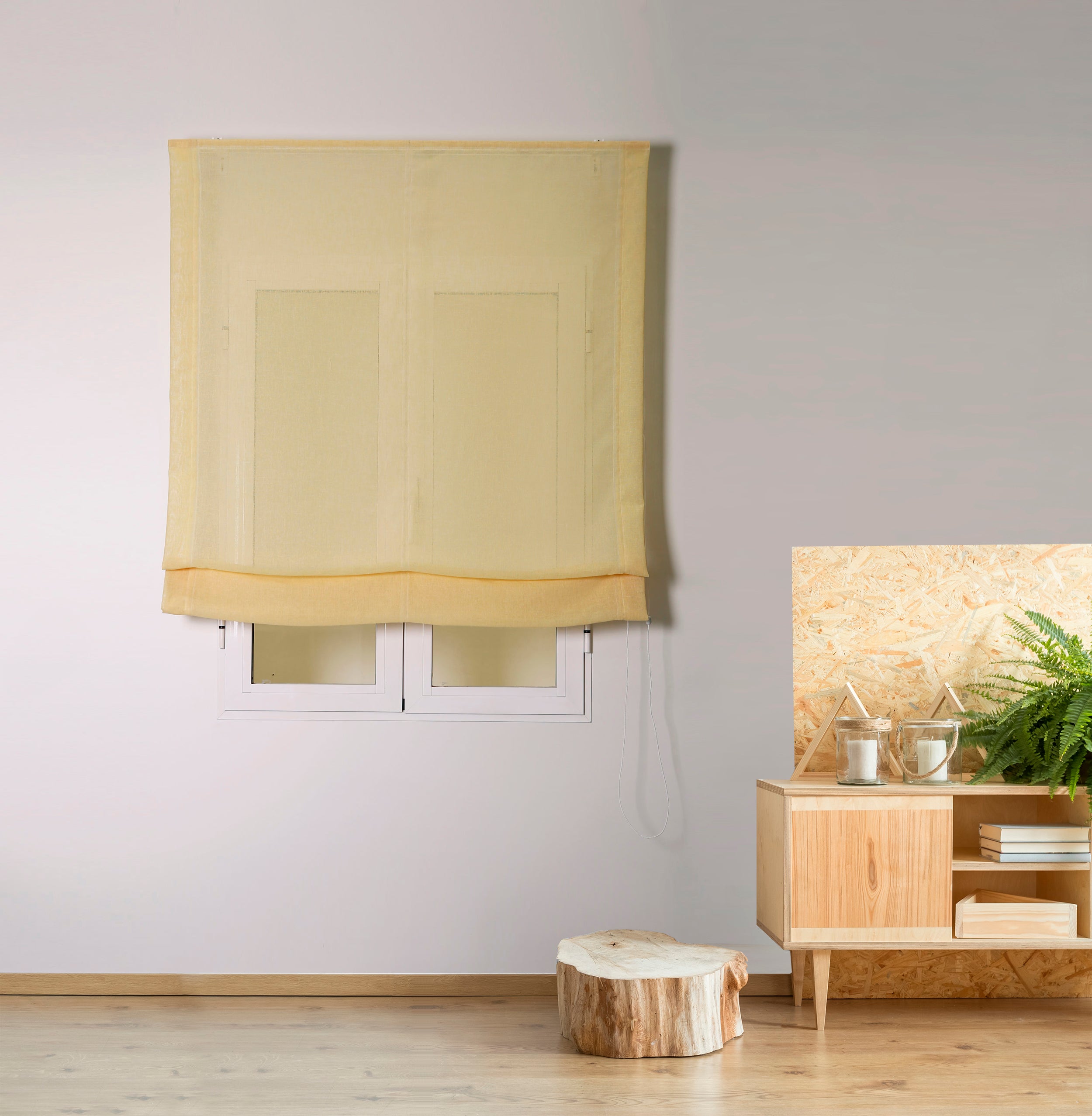 Estor plegable paqueto semi-trasparente con cordón rustipol poliéster liso amarillo de 75x250 cm