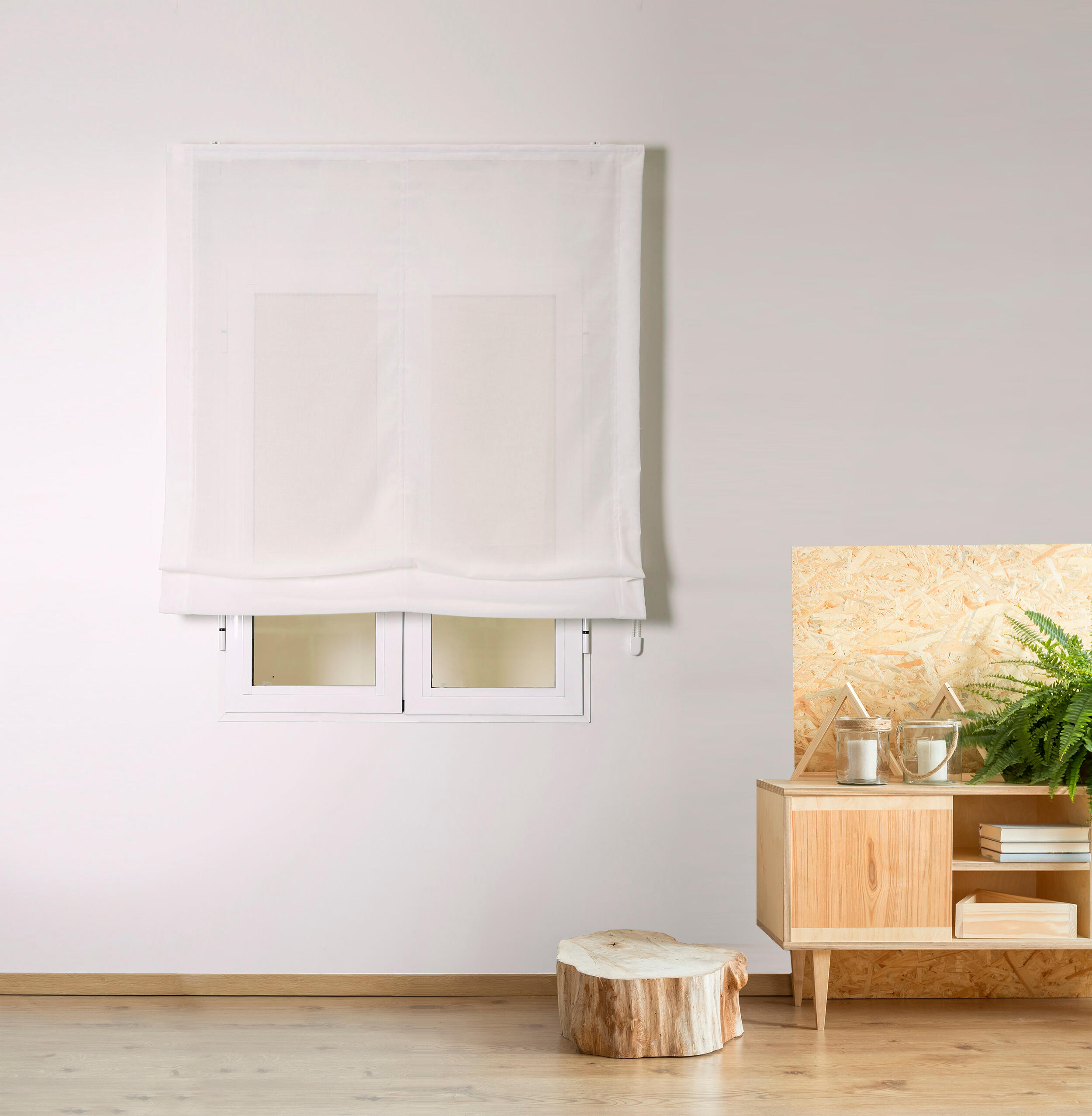 Estor plegable paqueto semi-trasparente con cadena siena poliéster liso blanco de 135x250 cm