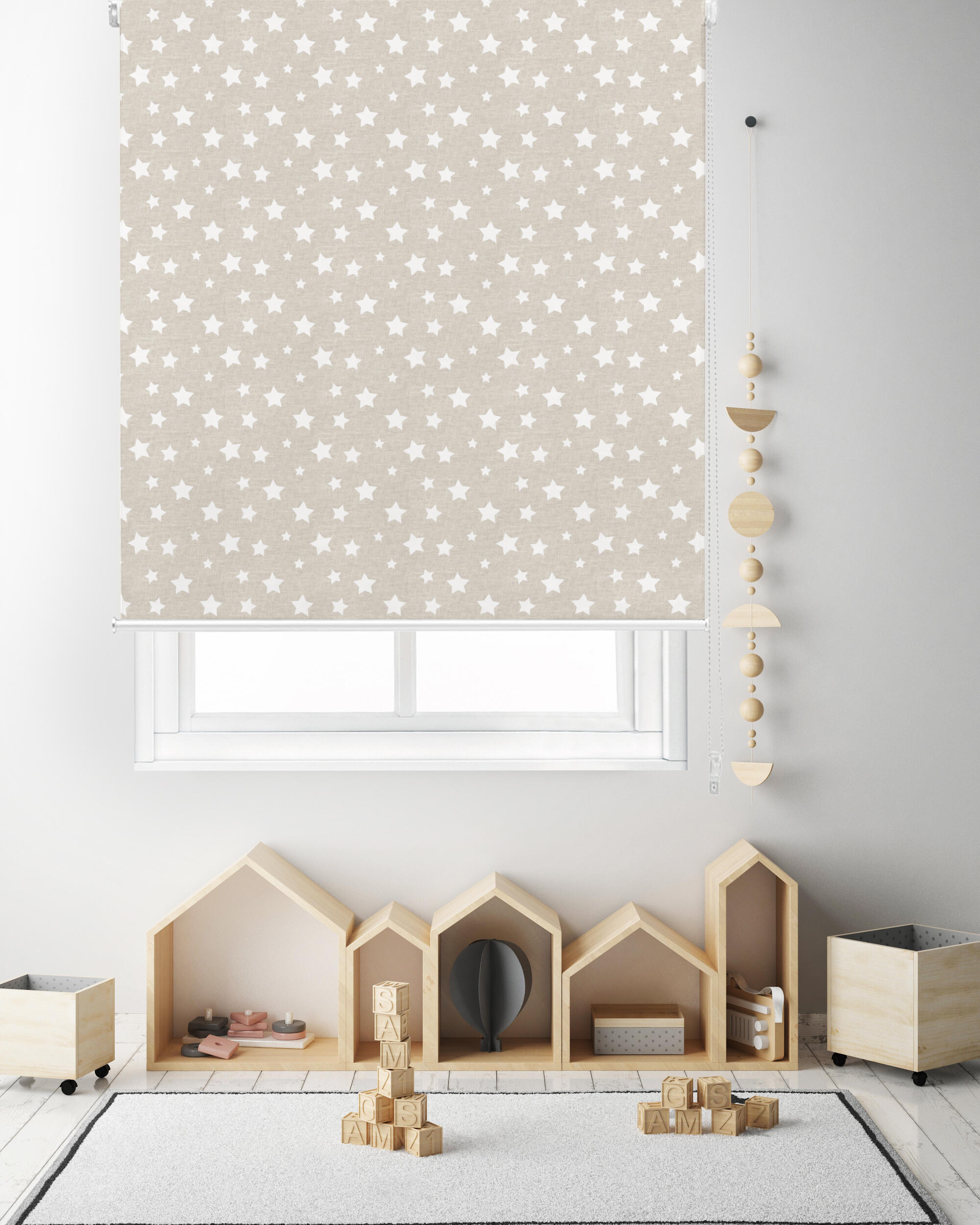 Estor enrollable translúcido estrellas fondo beige de 90x250cm