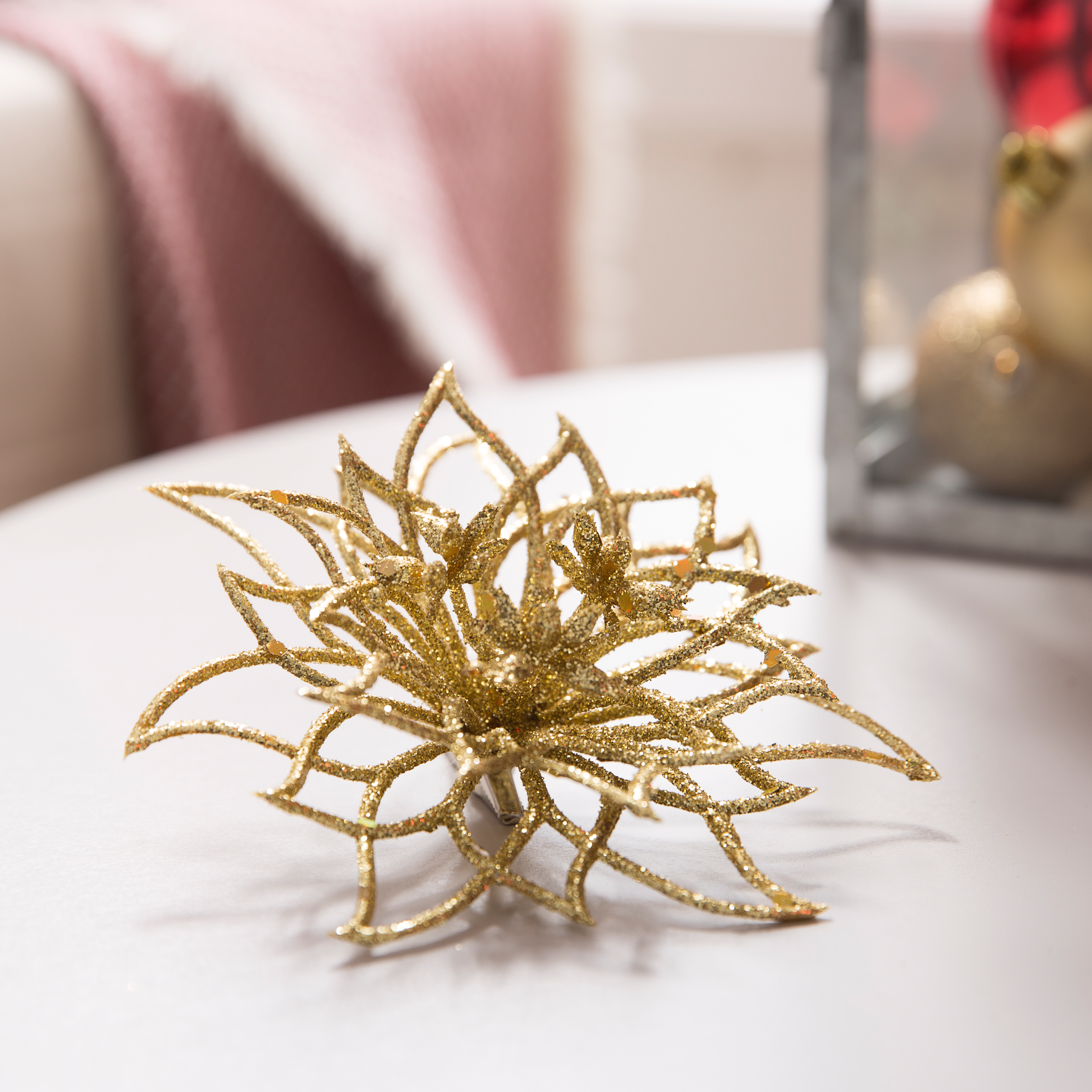 Enfeite clip flor glitter 14 cm dourado - 4