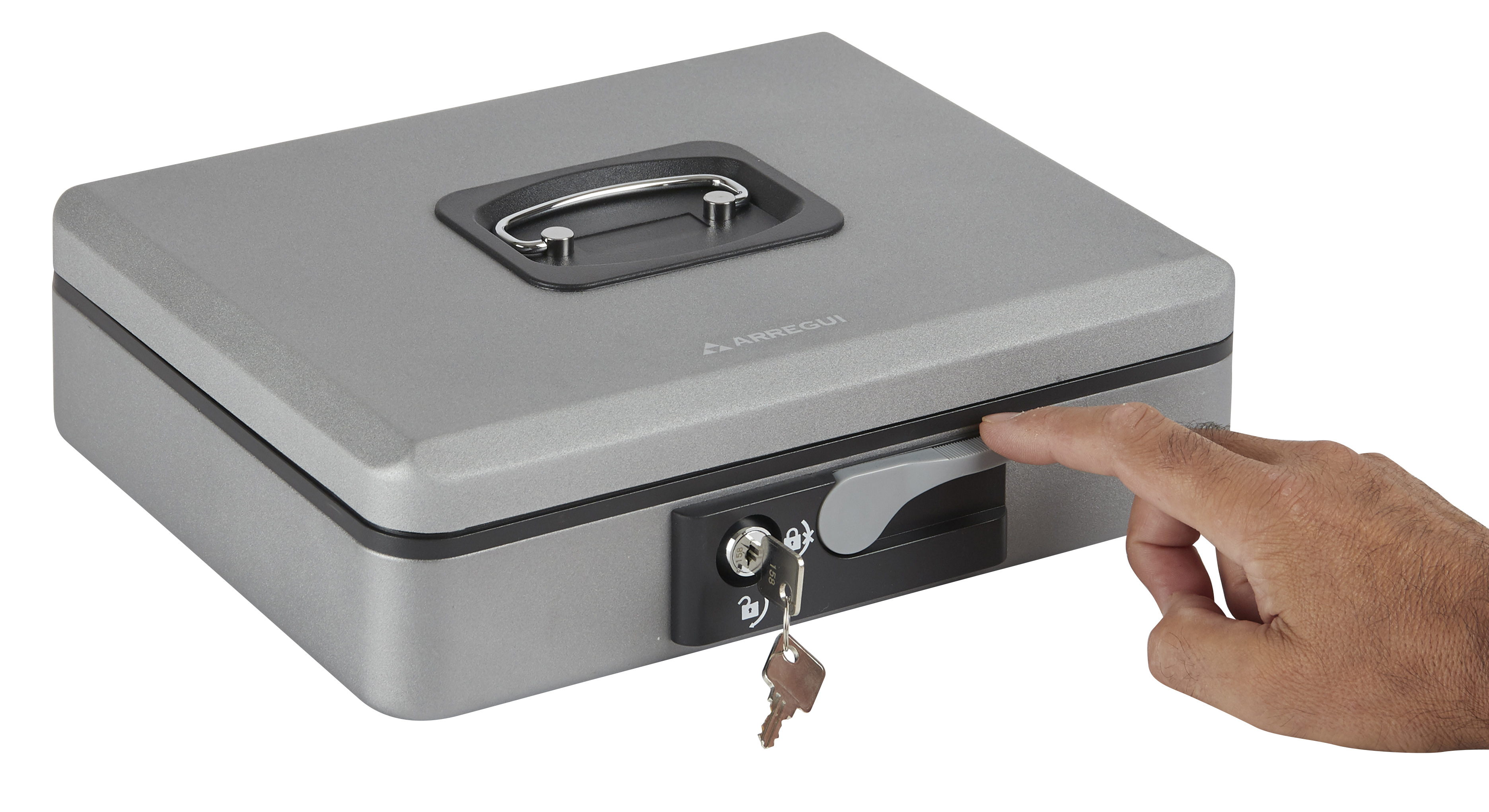 Caja de caudales en acero gris / plata de 30x9x24 cm