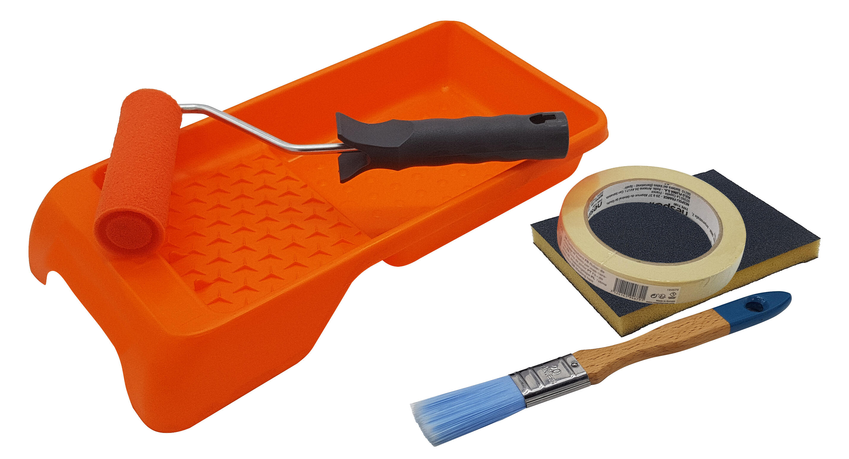 Kit para pintar superficies lisas compuesto de bandeja + mini rodillo específico 11 cm + cinta enmascarar 18mmx45m + esponja abrasiva lijado + paletina específica nespoli