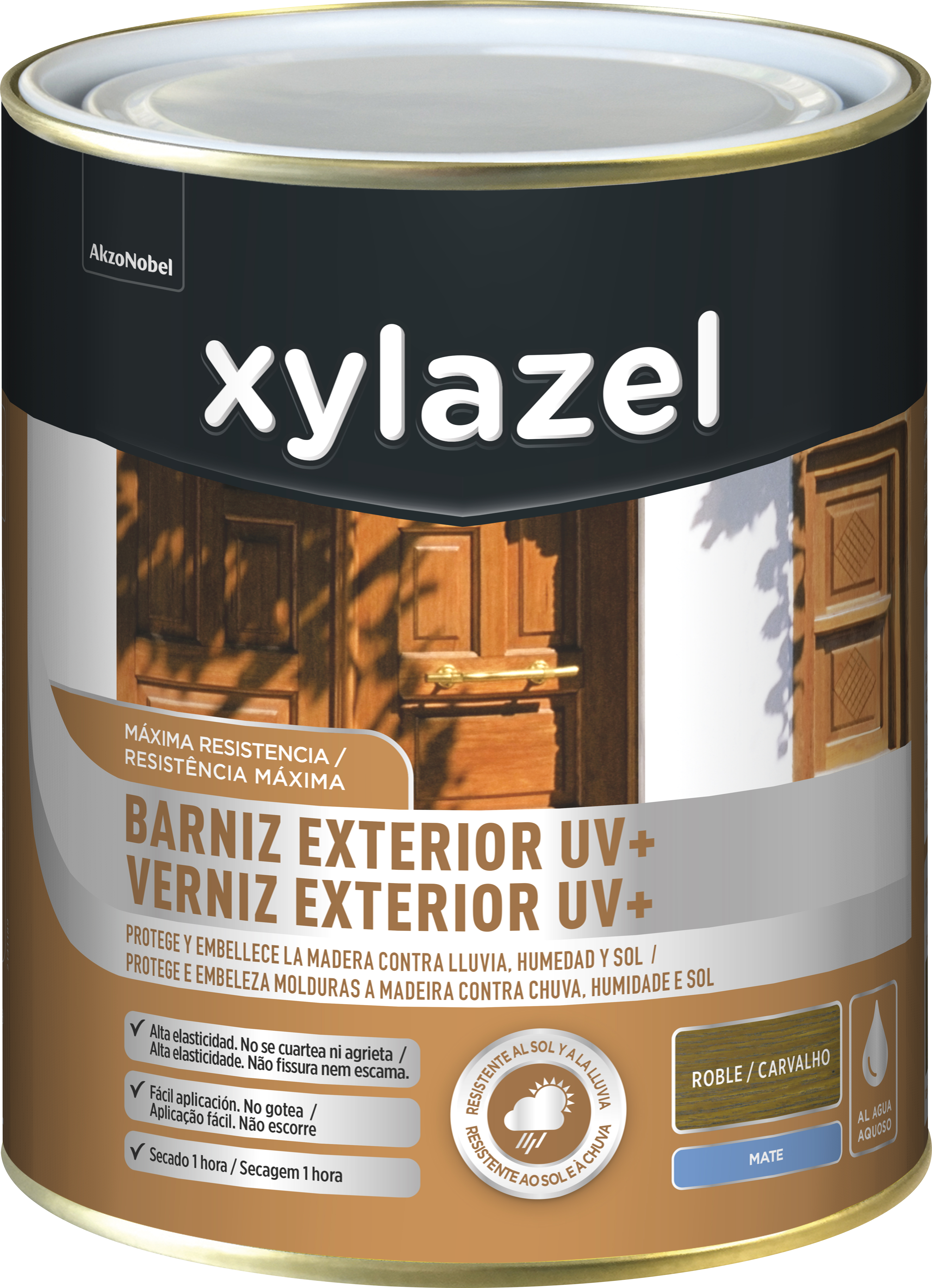 Barniz de madera de exterior color roble para ventana, puerta, persiana, valla, mobiliario, cancela xylazel mate 750 ml base agua
