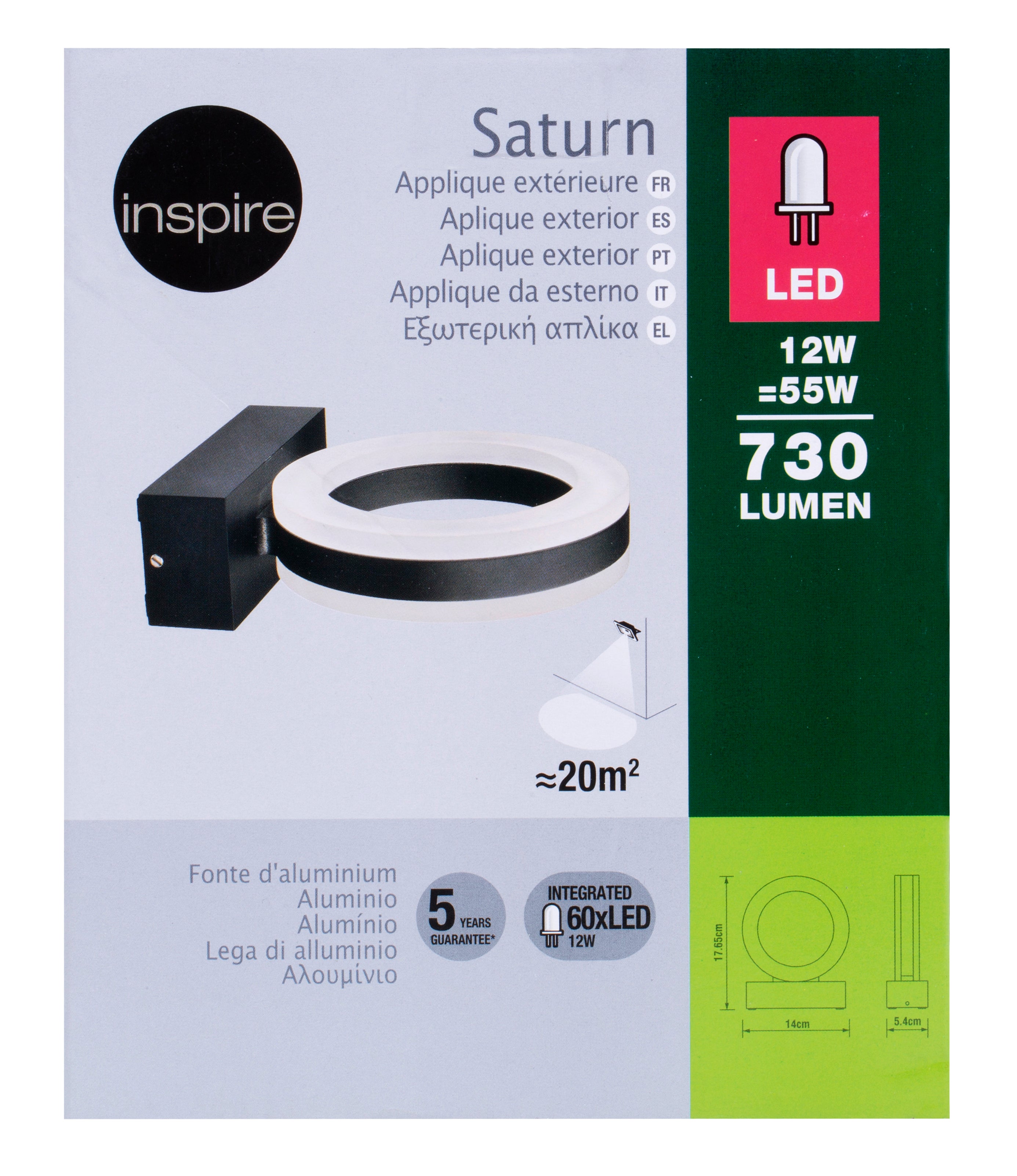 Applique LED da esterno Saturn nero IP54, luce bianco naturale 730 lumen, INSPIRE - 15