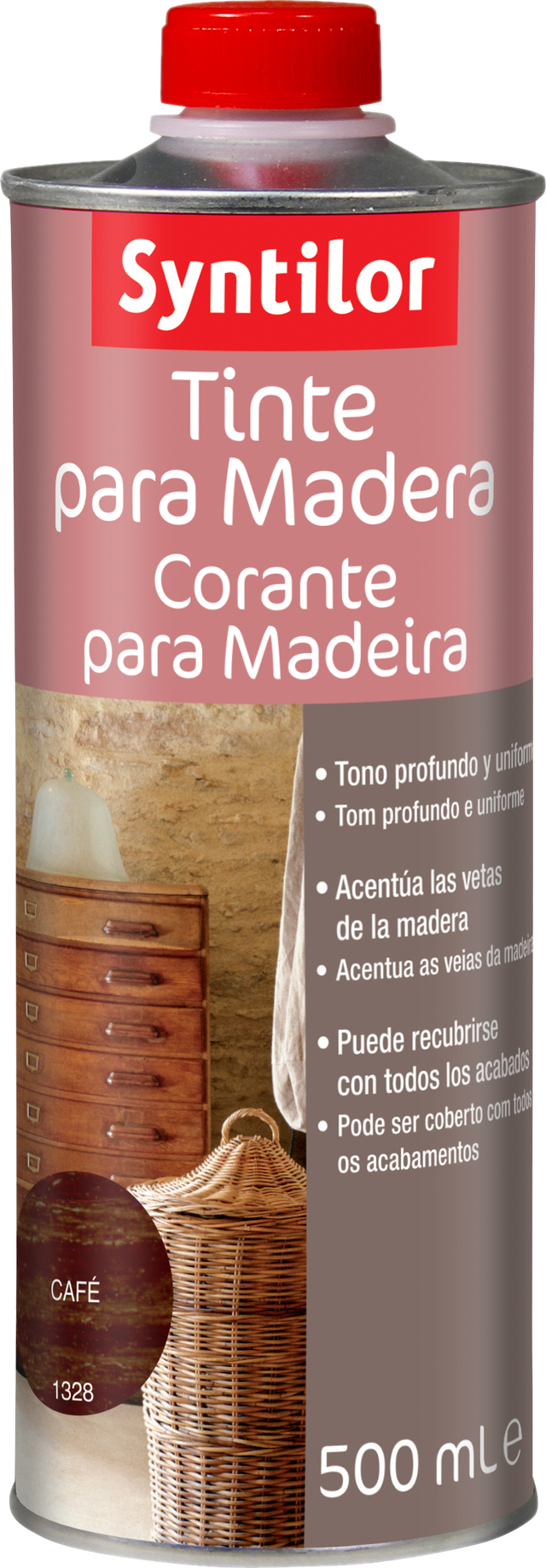 Tinte de madera interior SYNTILOR en color nogal, acabado mate para mobiliario y puertas líquido de 500 ml. Base agua.