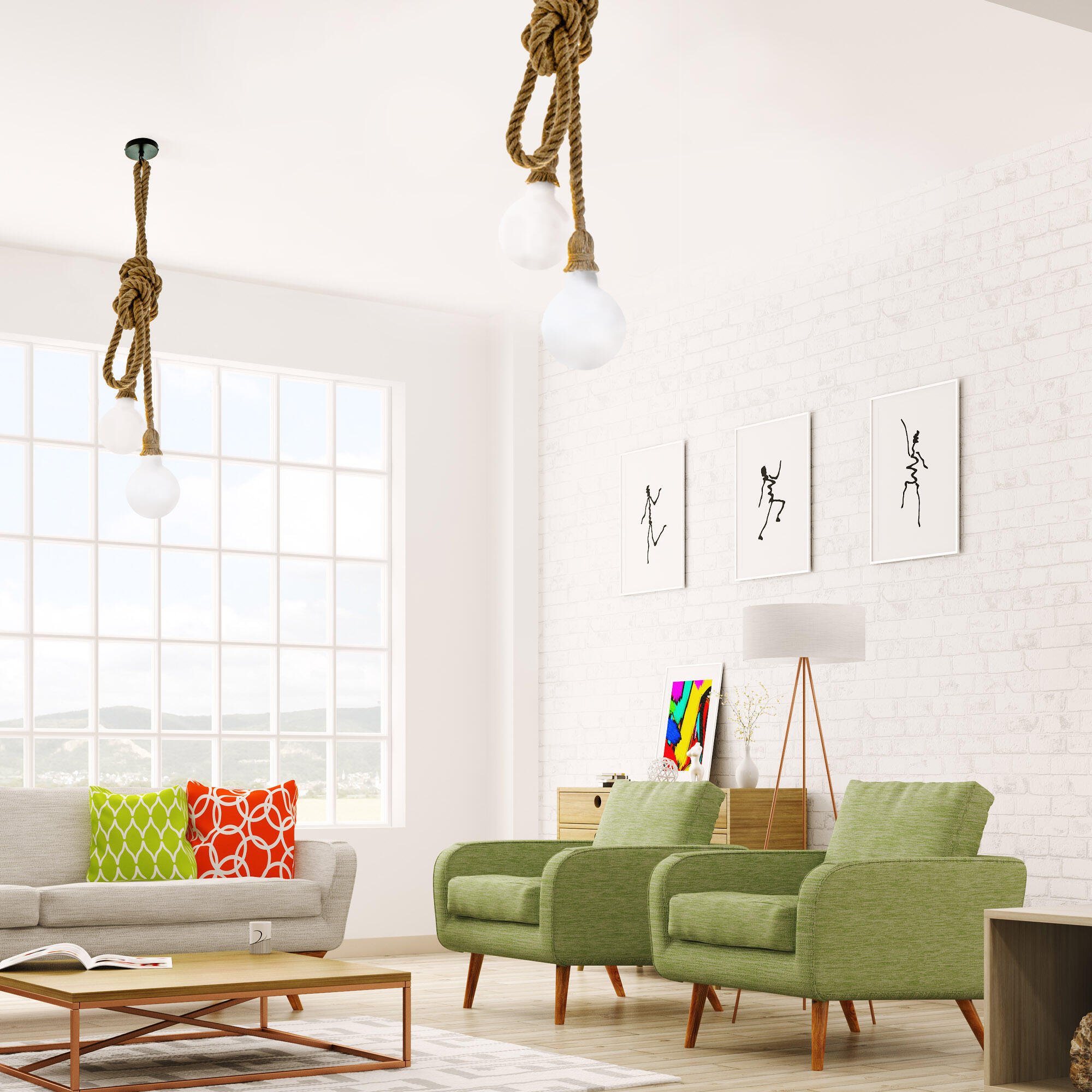 Candeeiro de teto suspenso CORDA E27 2 LUZES CASTANHO - 4